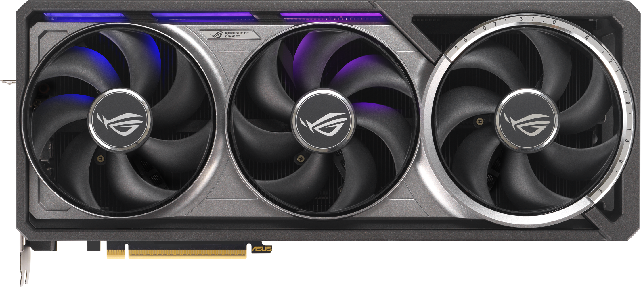 Carte graphique avec trois ventilateurs, logo ROG, design argenté et noir, lumière violette.