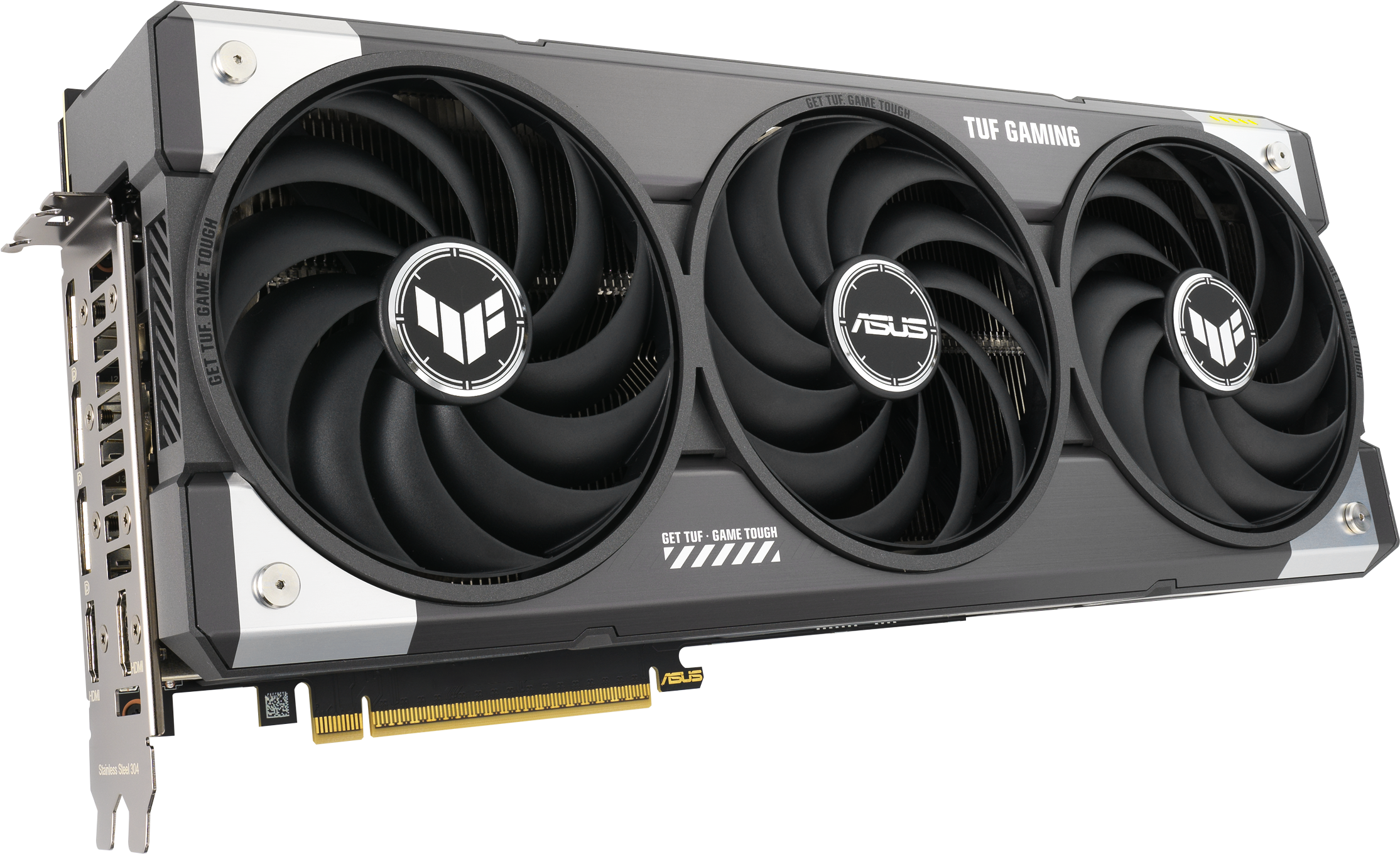 Carte graphique noire et grise avec trois ventilateurs. La marque 'ASUS' est visible.