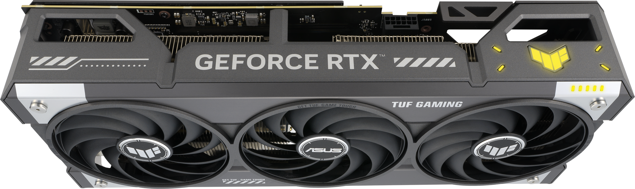 Une carte graphique noire et grise avec trois ventilateurs, étiquetée 'GEFORCE RTX TUF GAMING' avec logo ASUS.
