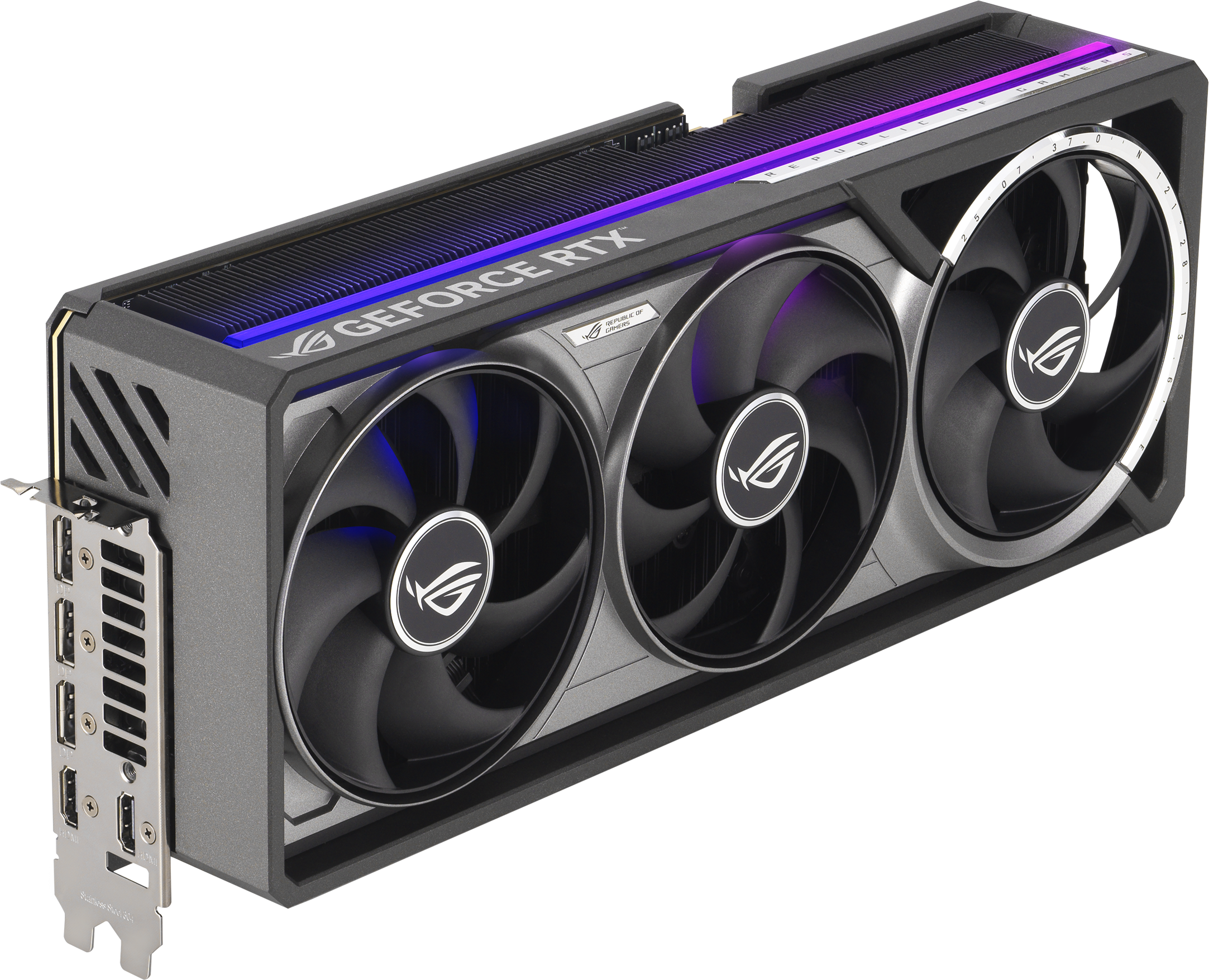 Une carte graphique noire et argentée avec trois ventilateurs et le logo ROG.
