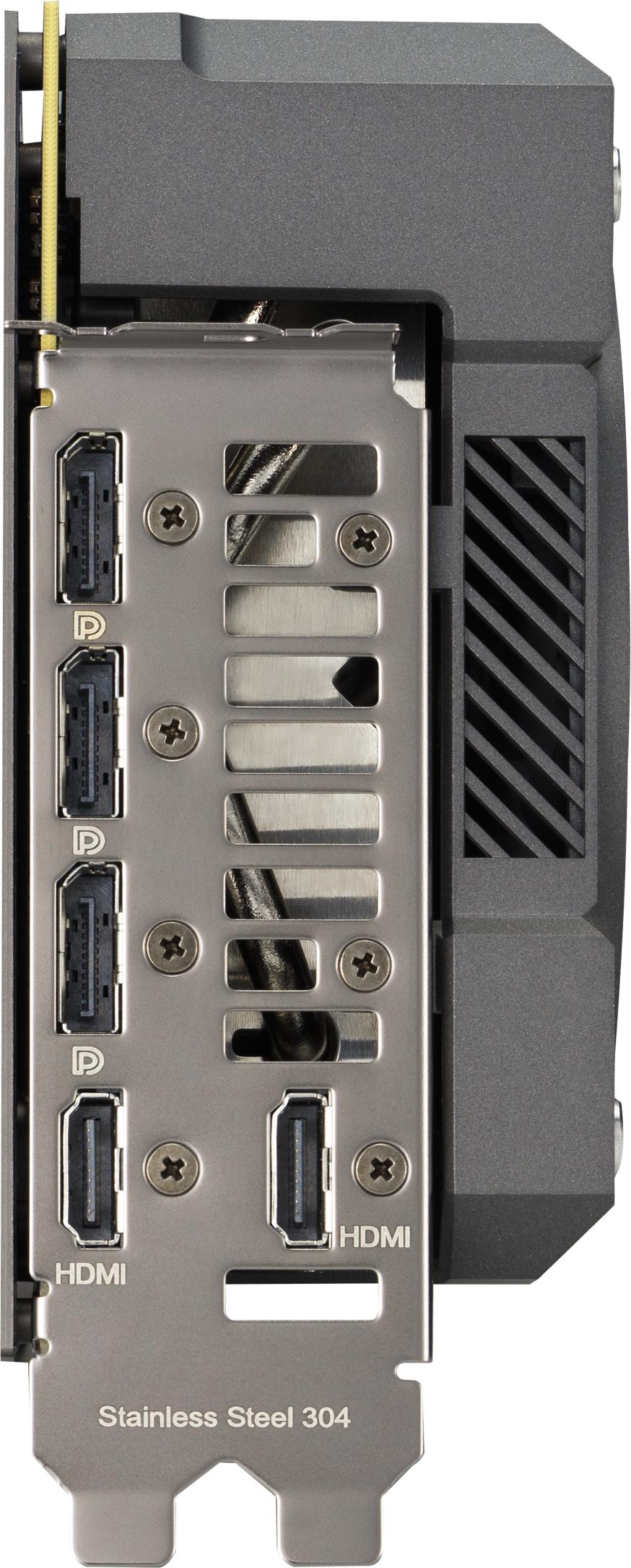 Vue latérale rapprochée d'une carte graphique grise avec ports HDMI et autres connecteurs.