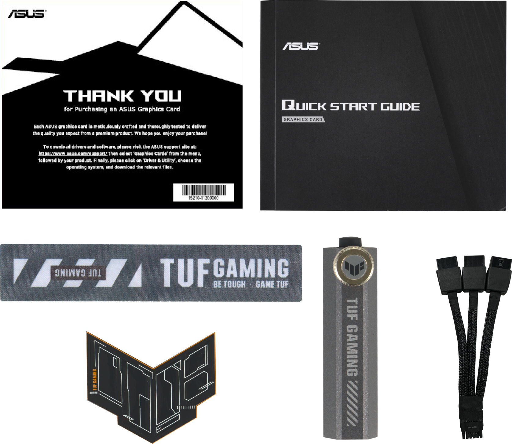 Accessoires de carte graphique ASUS : carte de remerciement, guide de démarrage rapide, autocollant TUF Gaming, carte.