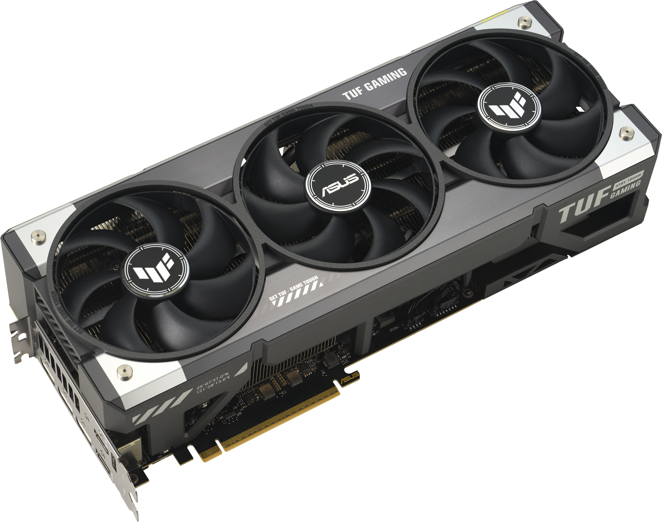 Eine schwarze ASUS TUF Gaming Grafikkarte mit drei Lüftern.