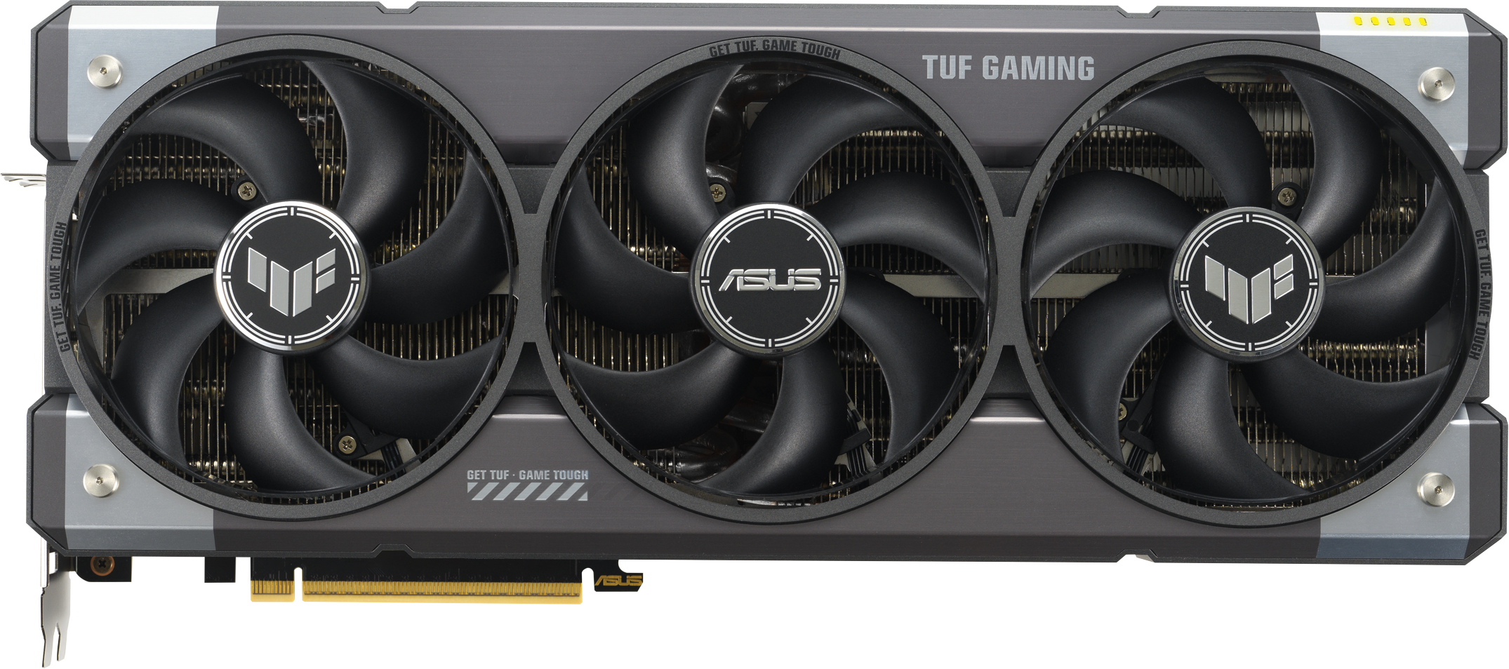 Grafikkarte mit drei Lüftern, ASUS TUF Logo. Grau-schwarzes Design, schräge Ansicht. Weißer Hintergrund.