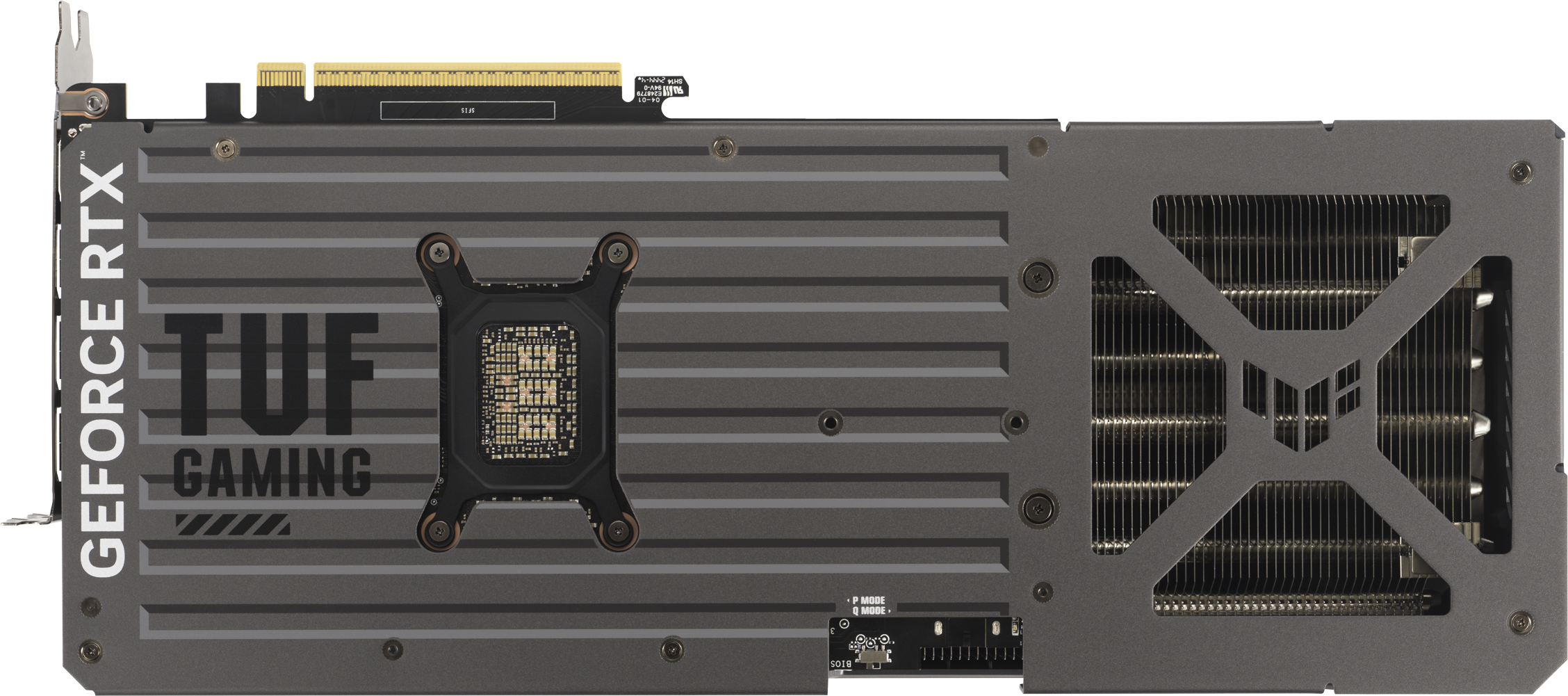 Schwarze und graue Grafikkarte mit den Aufschriften 'TUF GAMING' und 'GEFORCE RTX'.