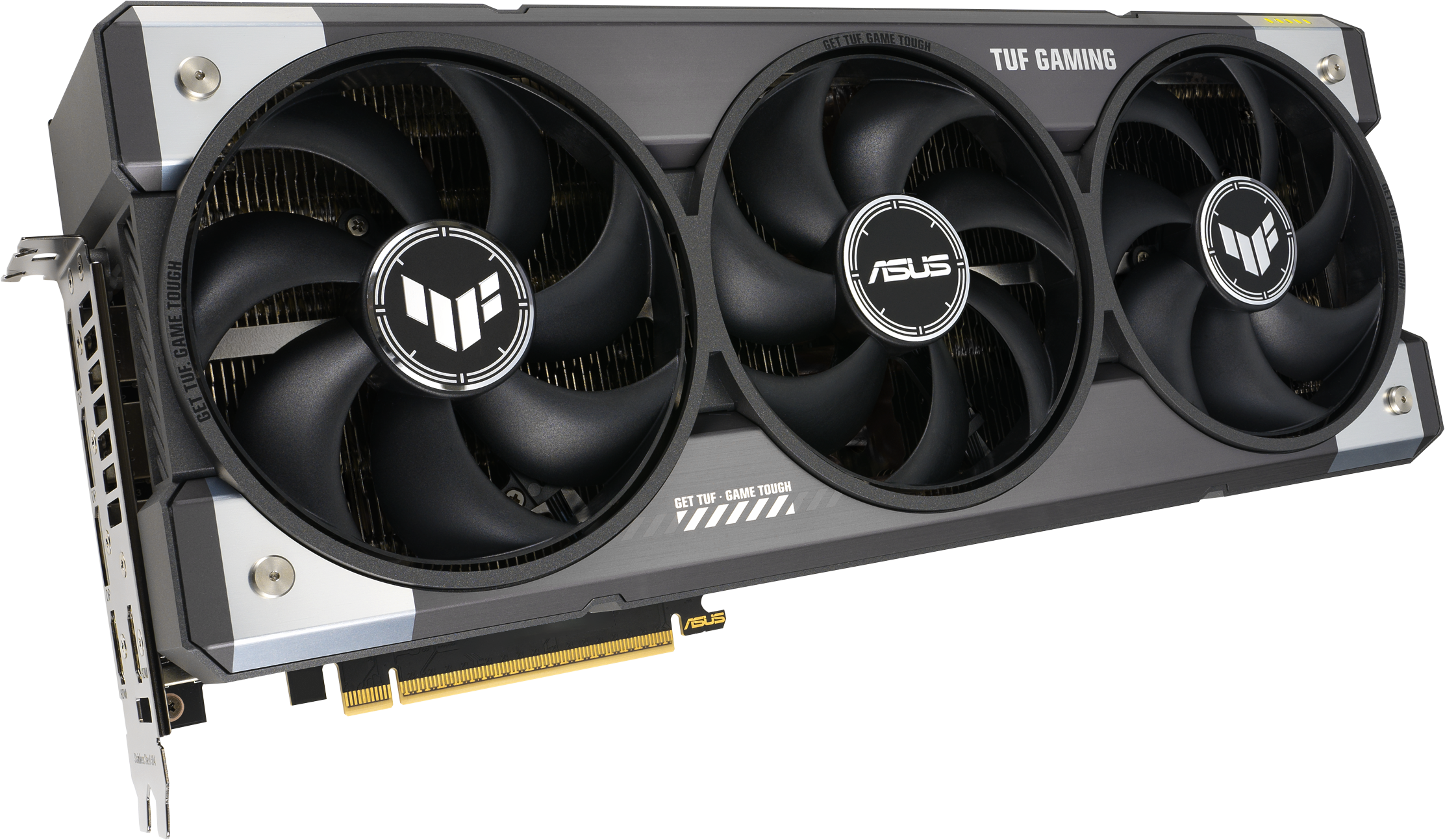 Schräge Ansicht einer ASUS TUF Gaming Grafikkarte mit drei Lüftern und dem Text 'GET TUF - GAME TOUGH'.