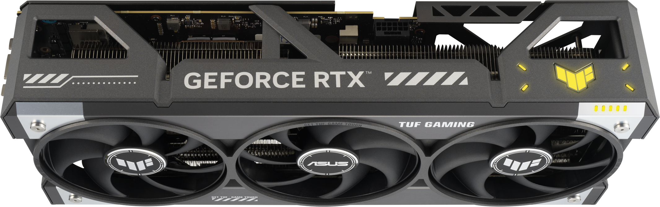 Schwarze und graue Grafikkarte mit drei Lüftern, der Name GeForce RTX ist sichtbar.
