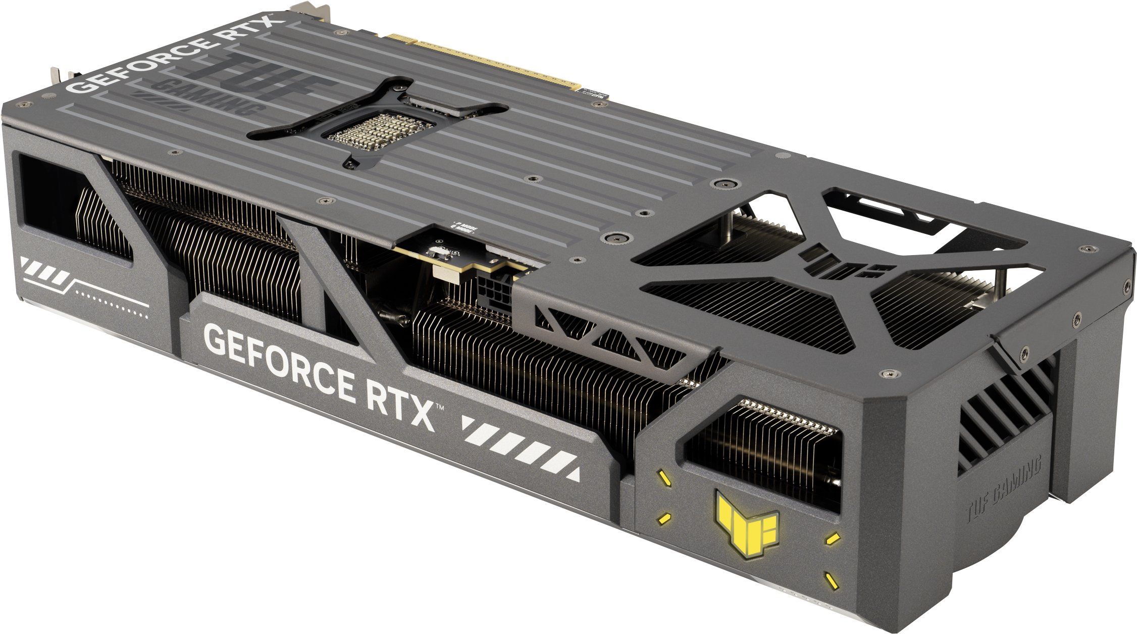 Eine GeForce RTX-Grafikkarte mit schwarzem und grauem Design, abgewinkelt auf schwarzem Hintergrund.