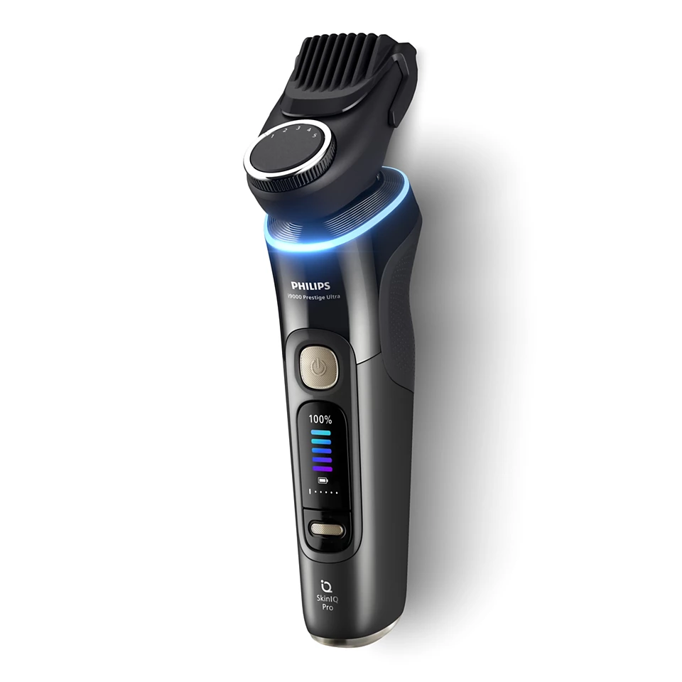 Ein Philips Rasierer mit verstellbarem Trimmer, Ein-/Aus-Taste und Akkuanzeige.