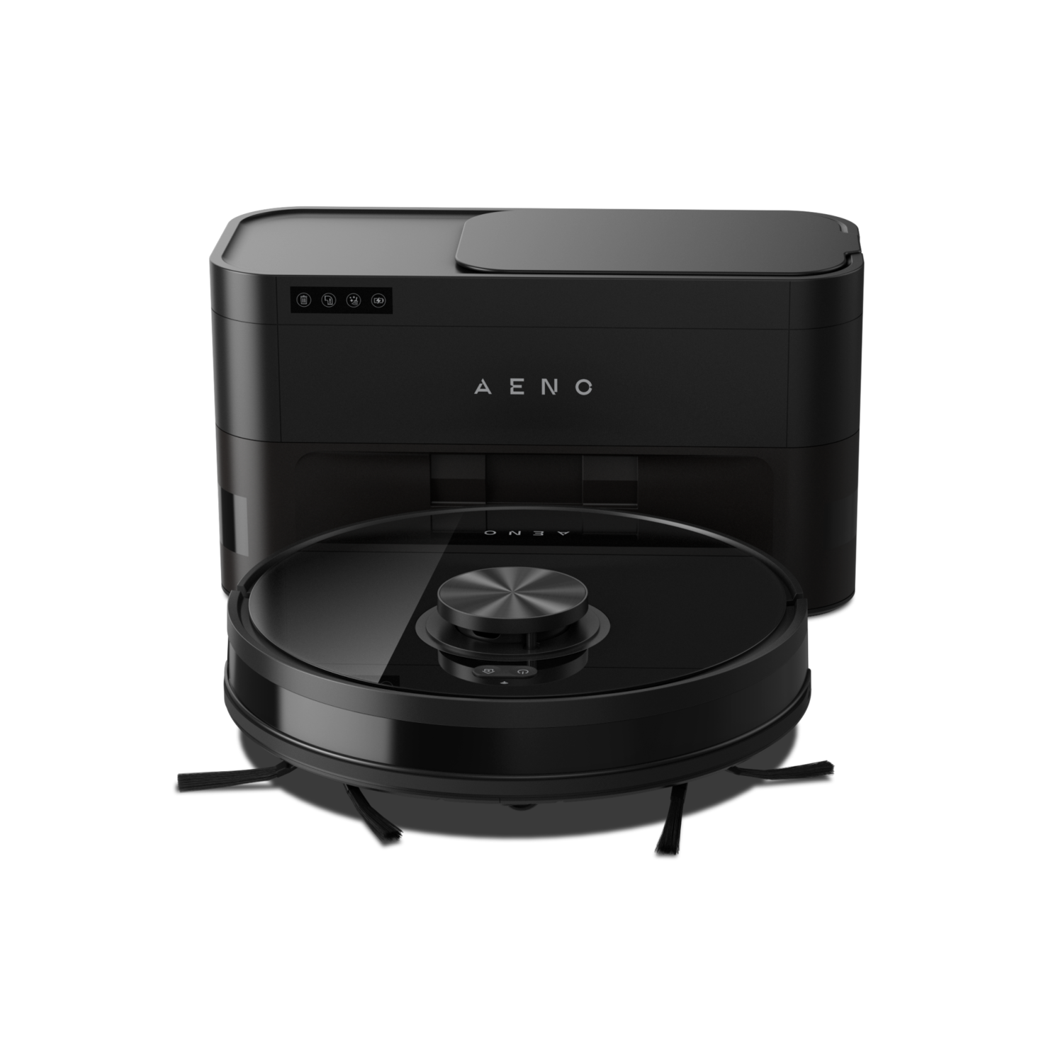 Black robot vacuum cleaner with a charging station. The vacuum has the AENO logo.