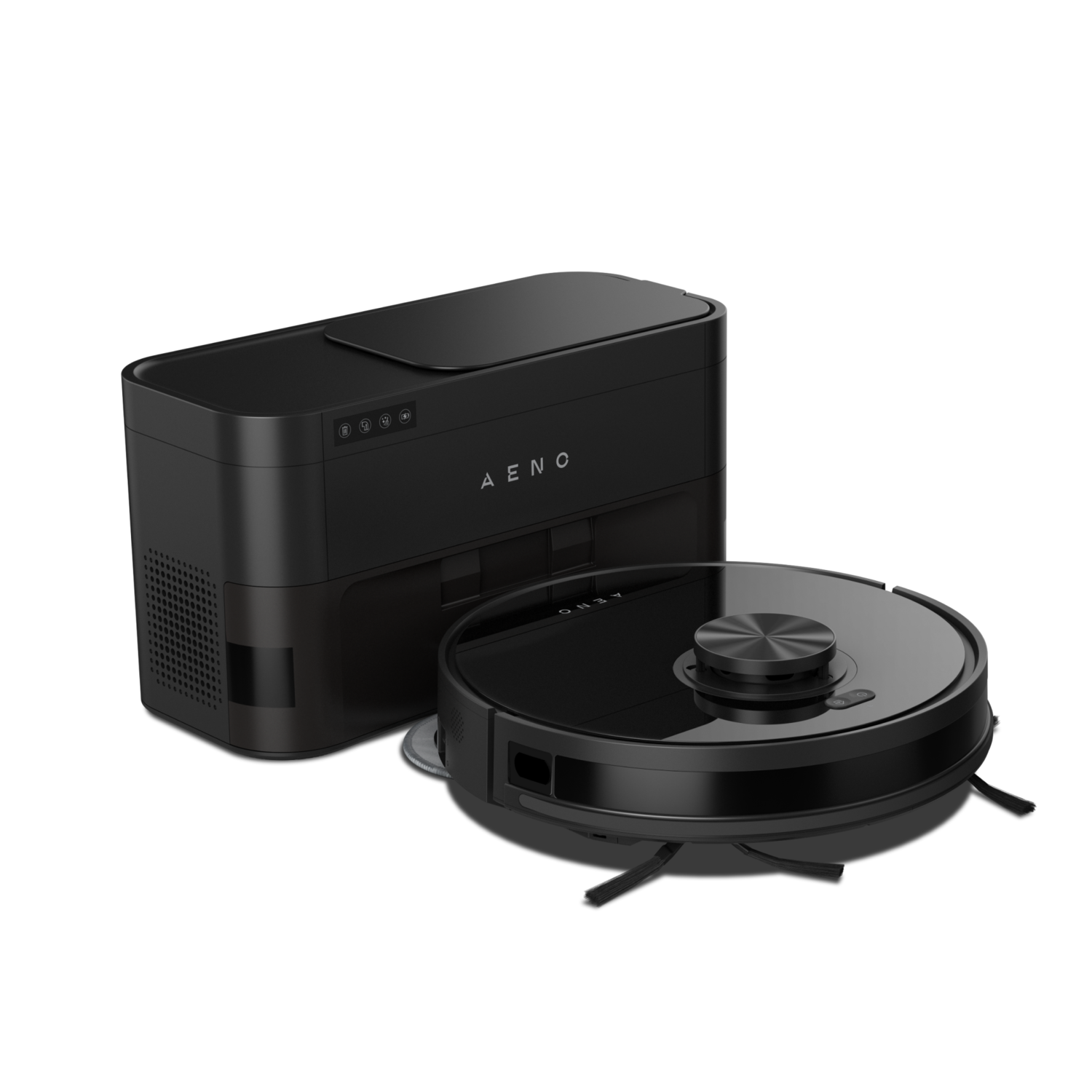 A black AENO robot vacuum cleaner and its black charging station on white background.