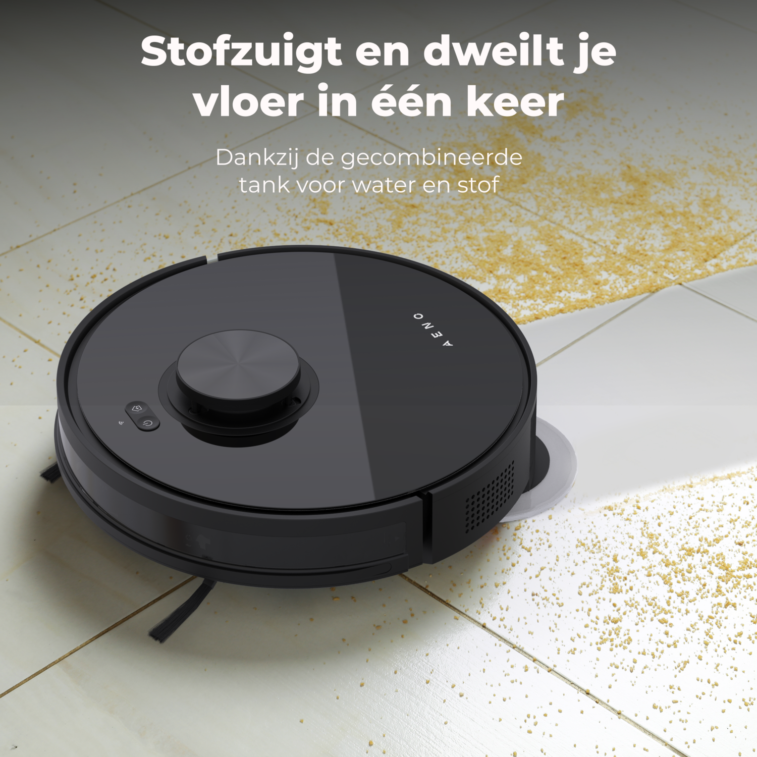 Black robot vacuum cleaner cleaning a tiled floor. The text above says 'Vacuum and mop your floor in one go'.