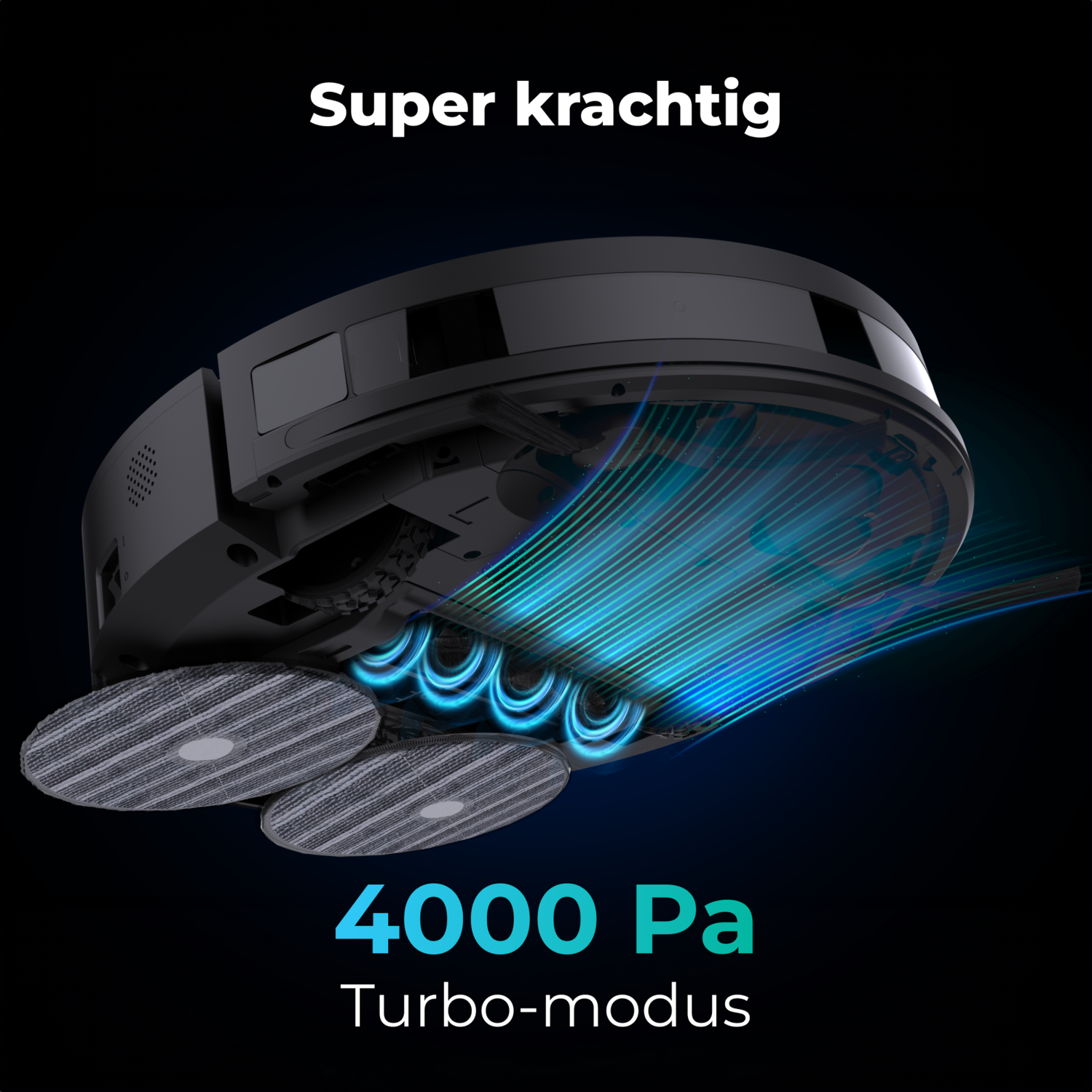 Black robot vacuum cleaner with blue accents. Text overlay reads 'Super Krachtig' and '4000 Pa'.