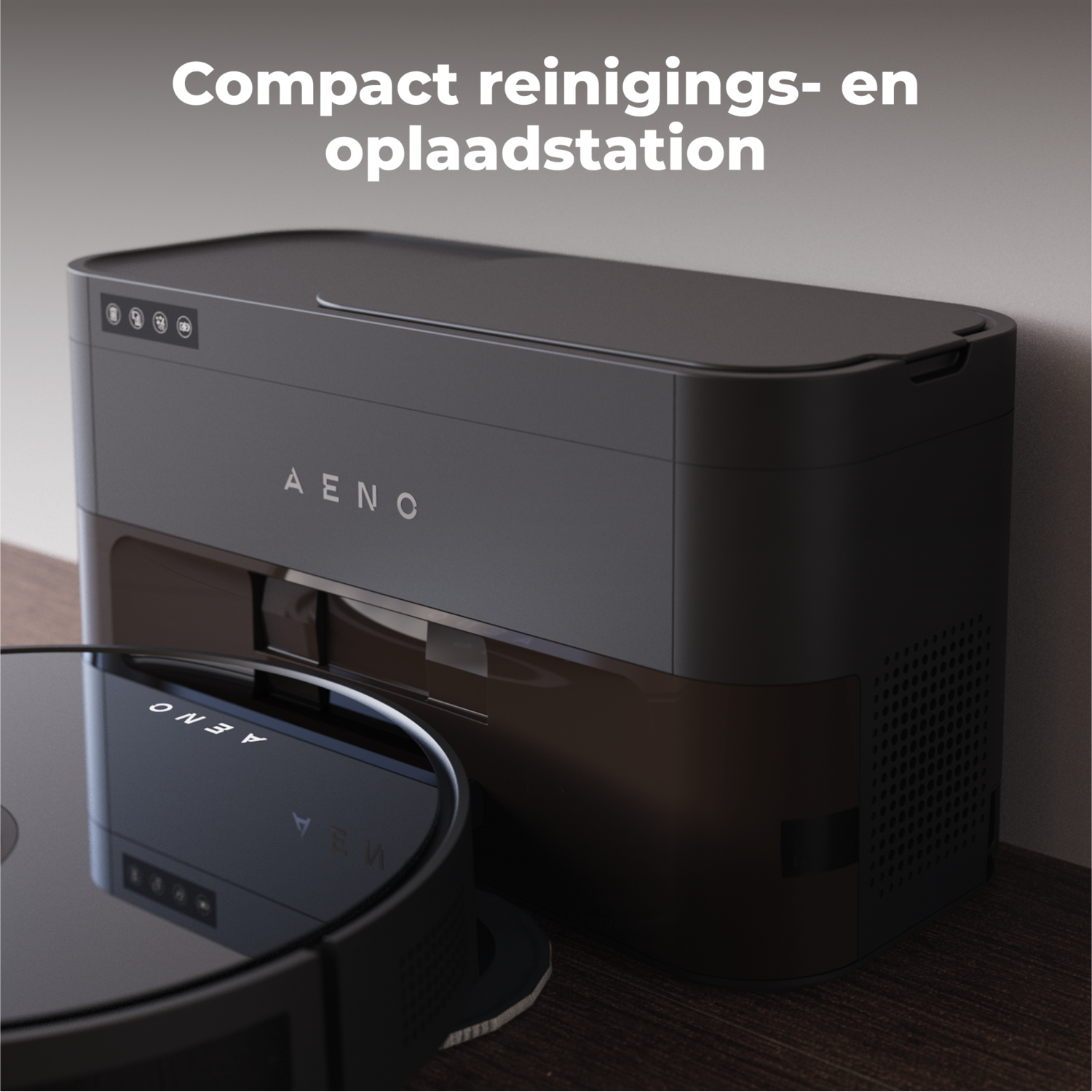 A black robotic vacuum cleaner and its charging station. The station is dark grey with the brand name.