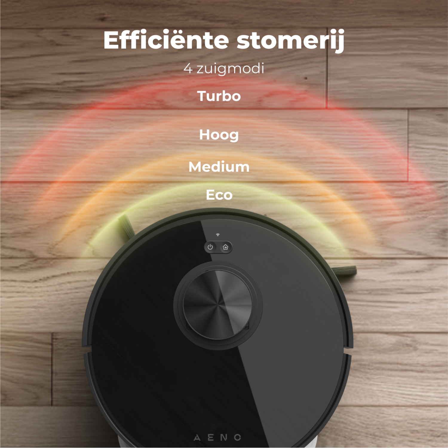 Robot vacuum cleaner on wooden floor with efficiency modes displayed above.