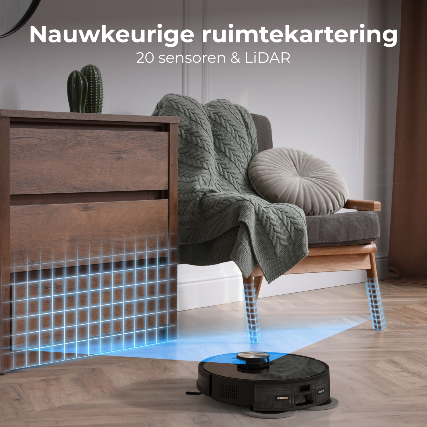 Black robot vacuum cleaner on wooden floor, mapping with blue lines, near a wooden cabinet.