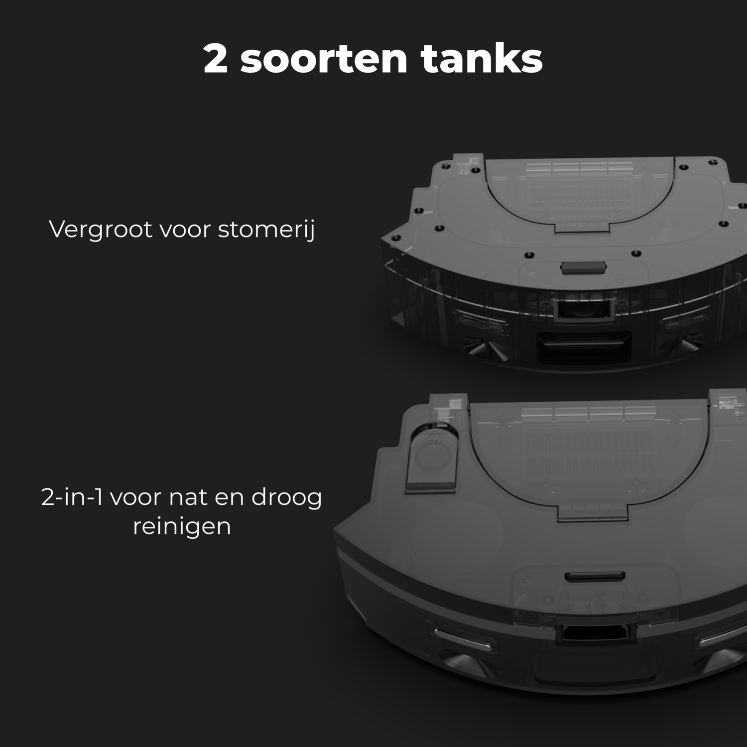Two robot vacuum cleaner tanks, one for steam, one for wet and dry.