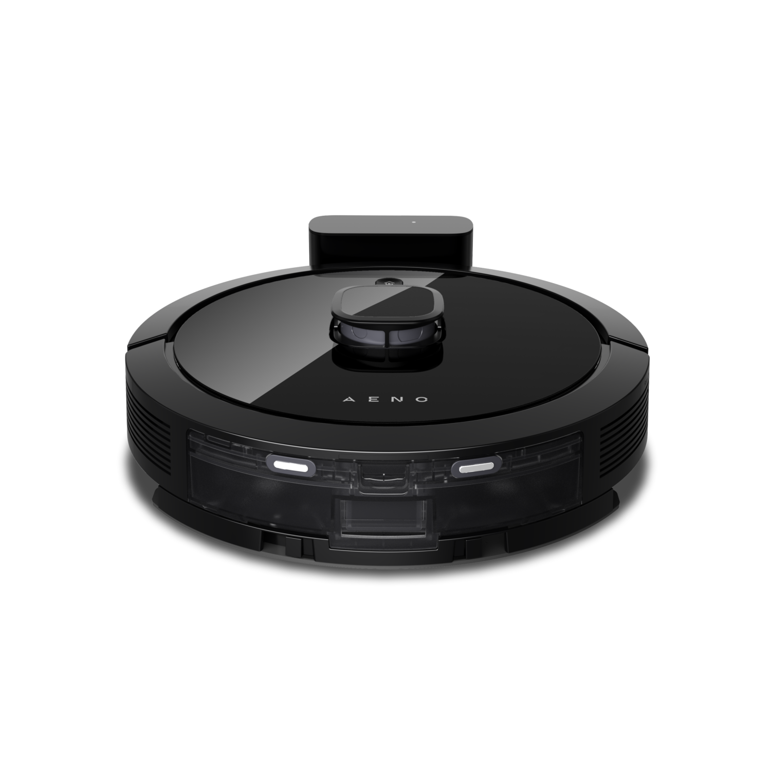 Black AENO robot vacuum cleaner, round with AENO logo on top.