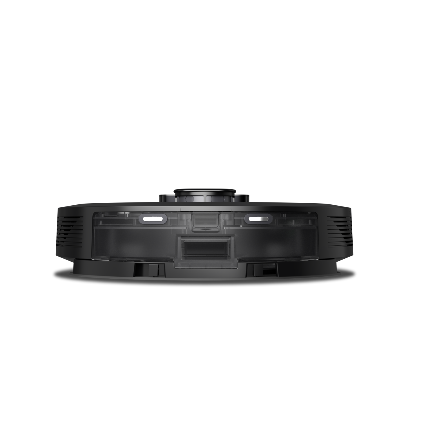 Black robot vacuum cleaner, top view. It is a flat, circular device with a transparent section.