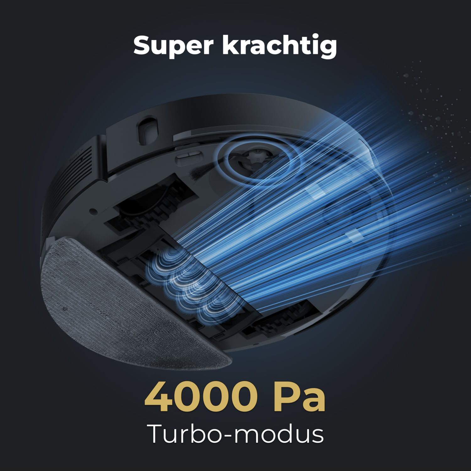 Robot vacuum cleaner, blue light streams, and text 'Super krachtig'.