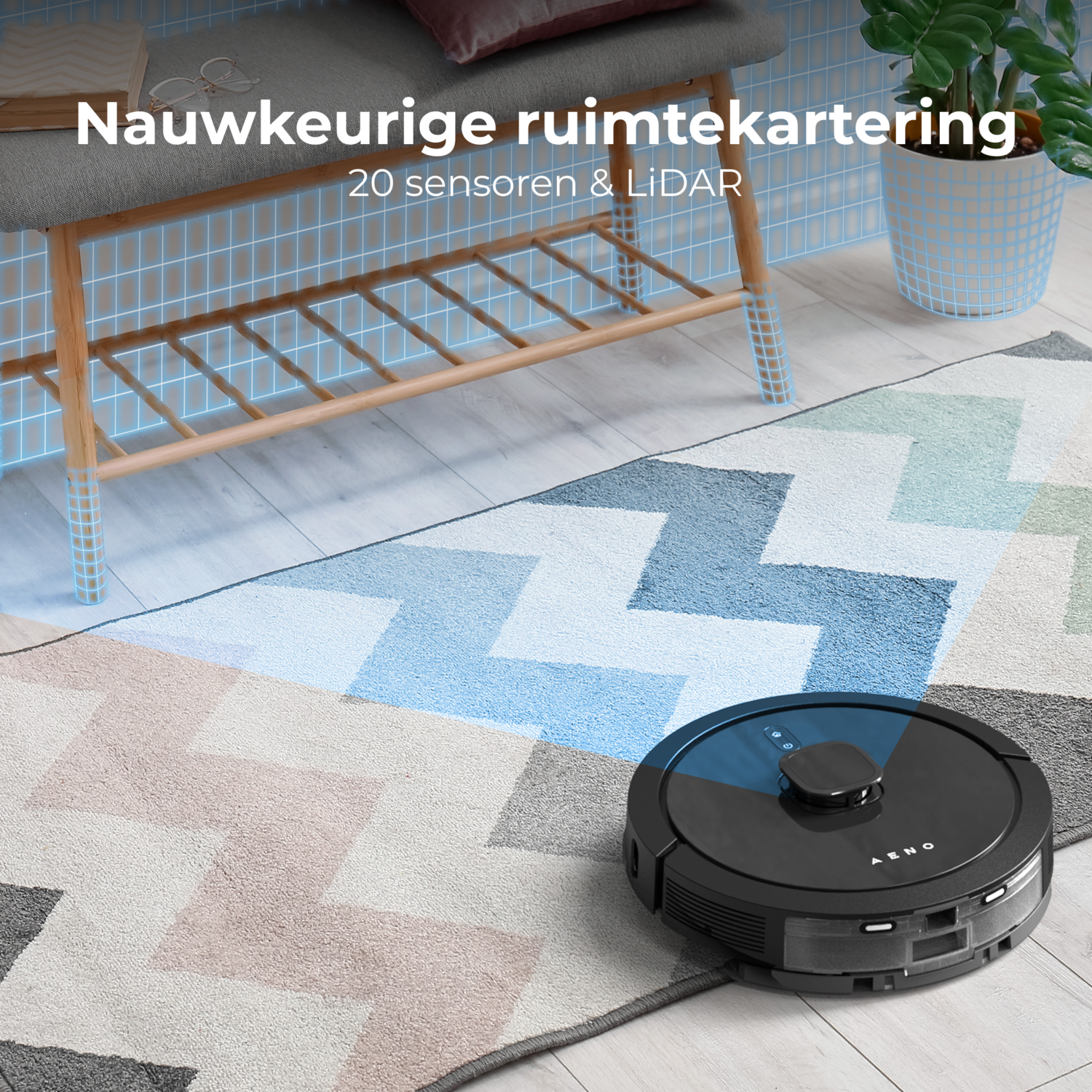 A robot vacuum cleaner on a patterned rug, with a bench and plant in the background.