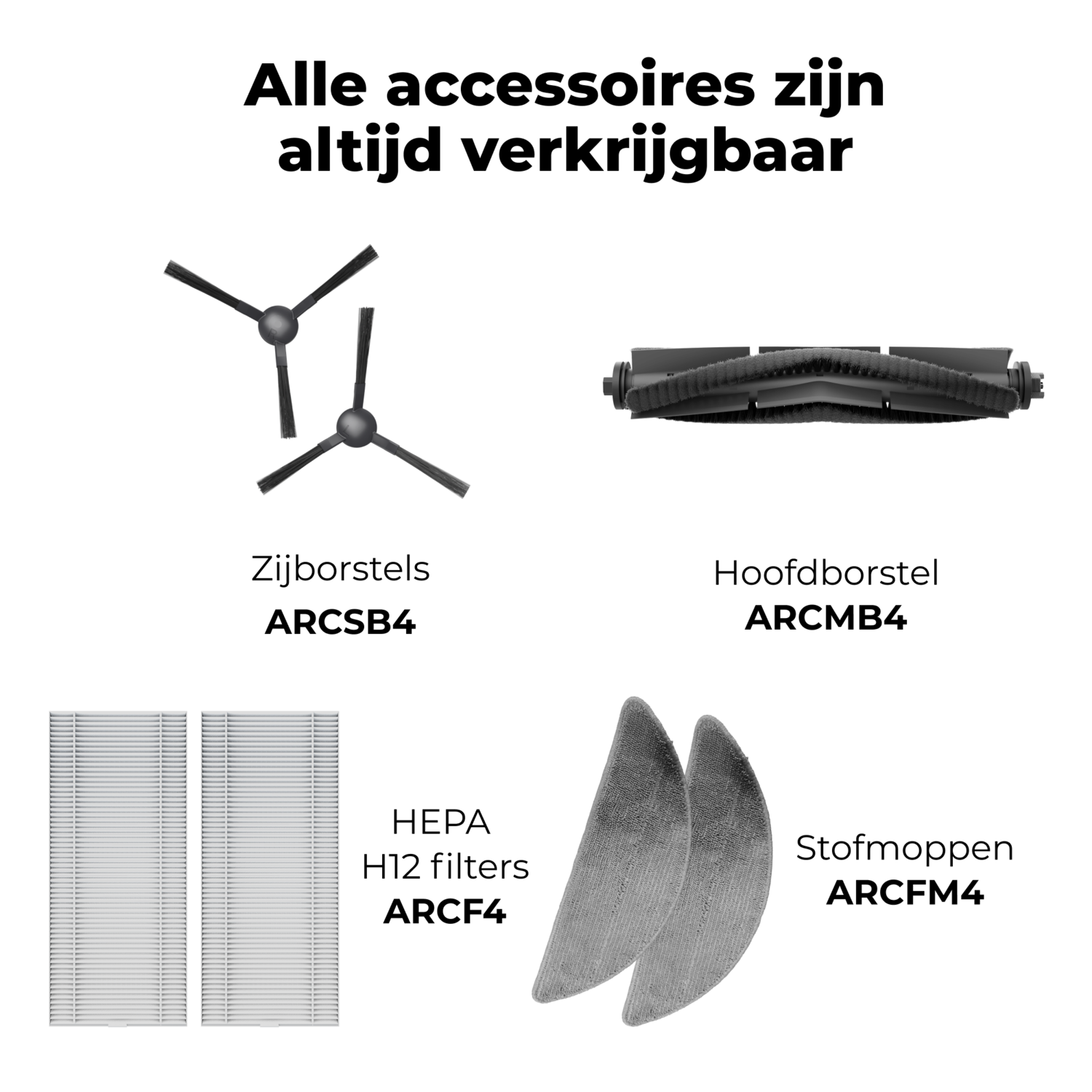 Various robot vacuum accessories including brushes and filters.