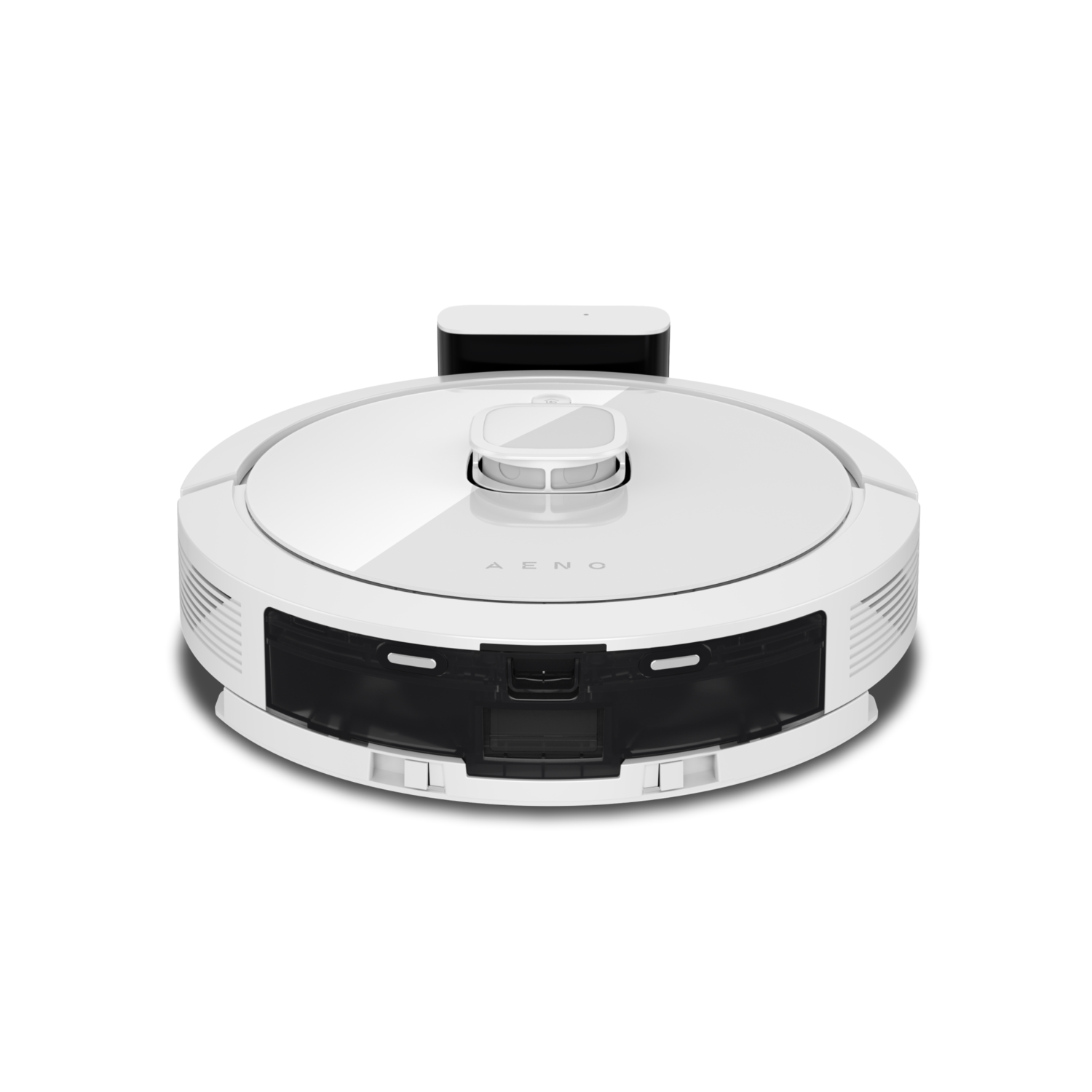 White robot vacuum cleaner. Black top with AENO text. White background.