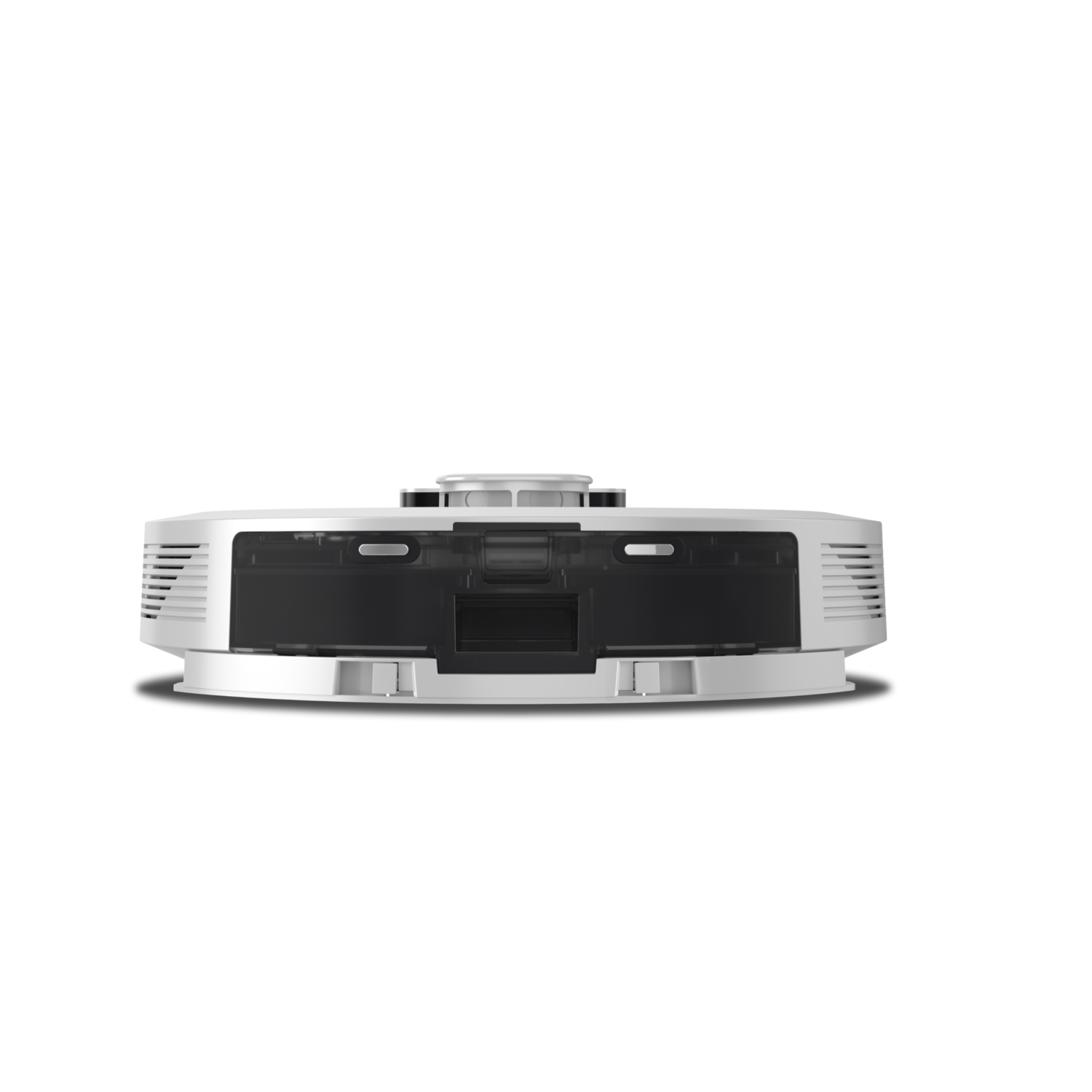 A white robotic vacuum cleaner. White background.