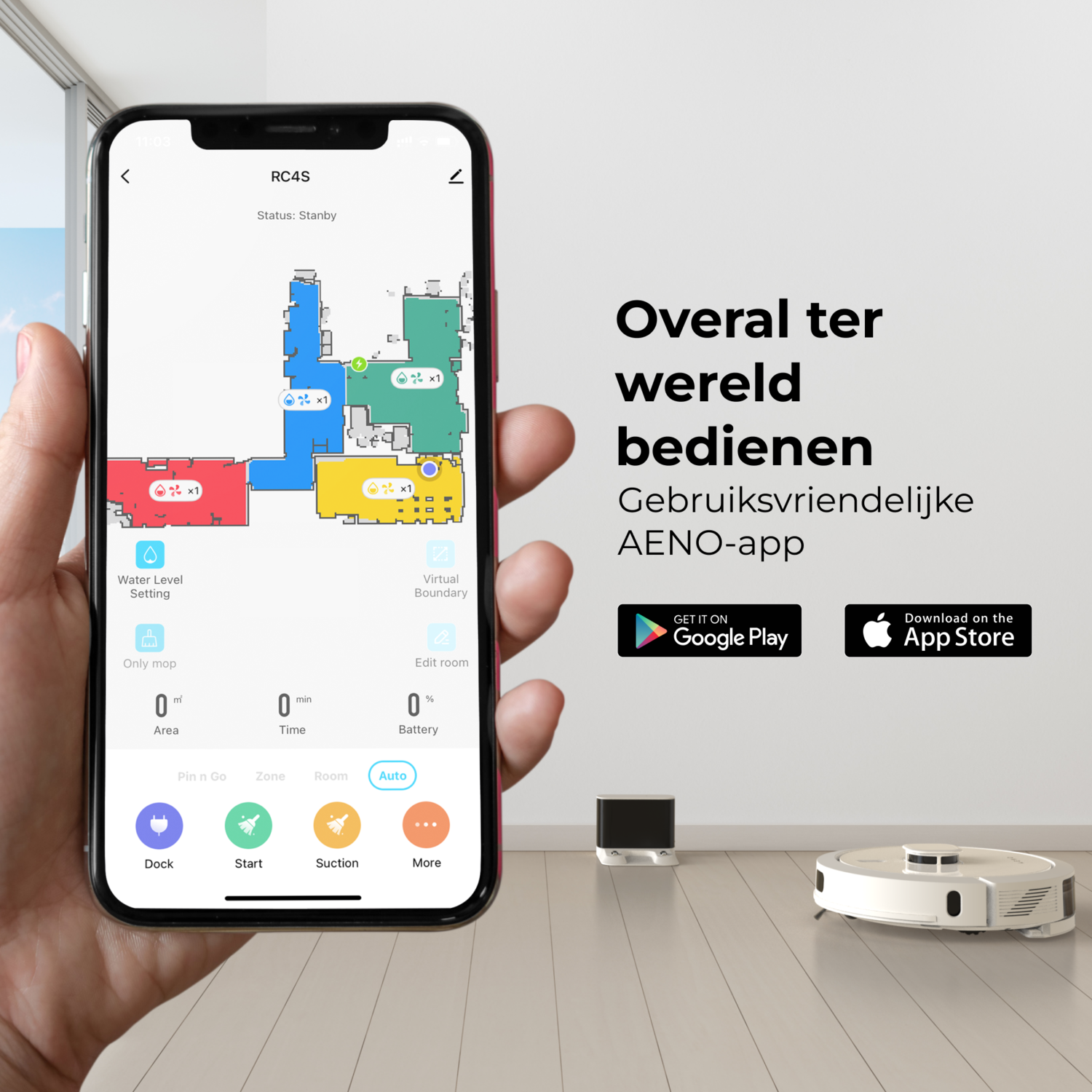 A smartphone showing a floor plan and a robot vacuum cleaner in a room.