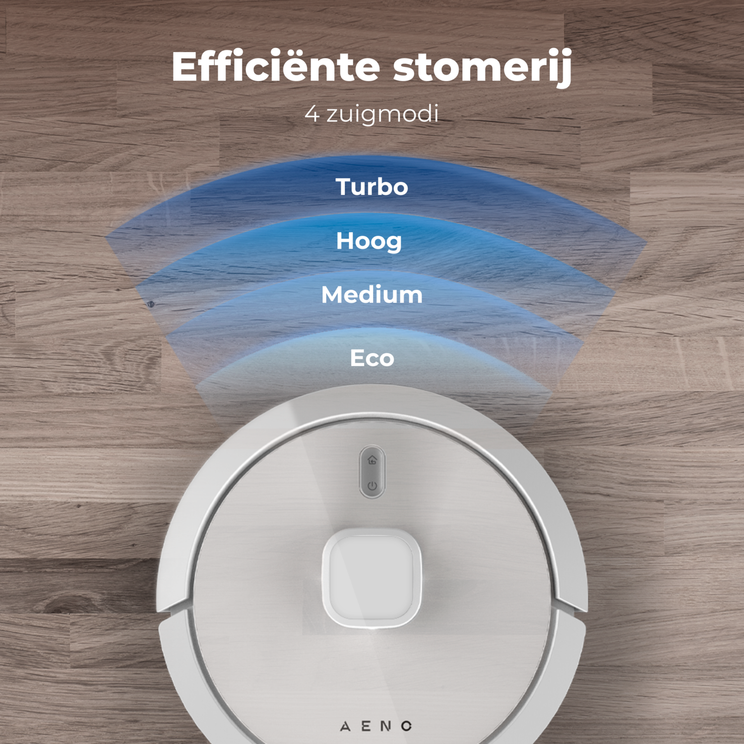 A white robot vacuum cleaner on wooden floor. Above it are four modes: Turbo, High, Medium, Eco. Text reads: Efficient cleaning.