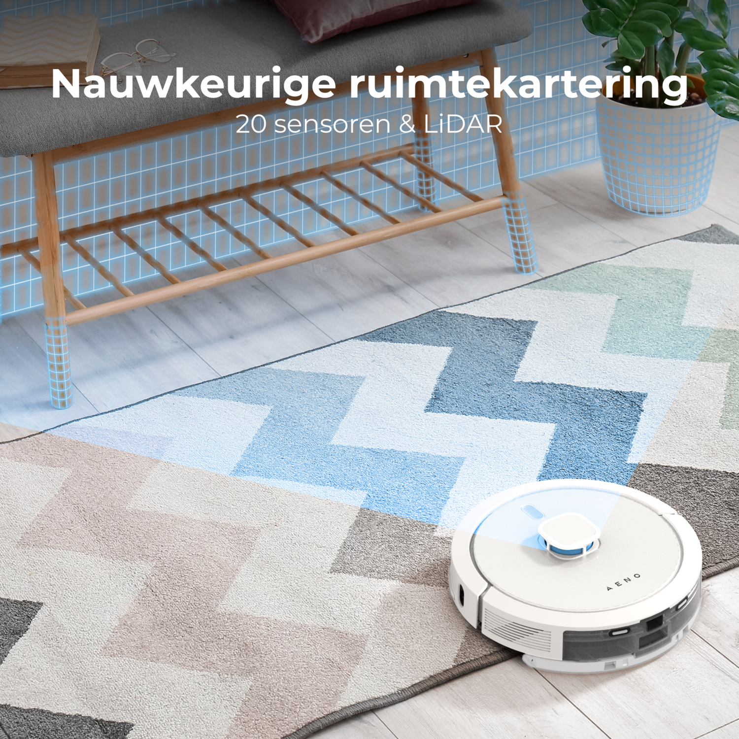 A robotic vacuum cleaner cleaning a rug. The rug has a patterned design on it.