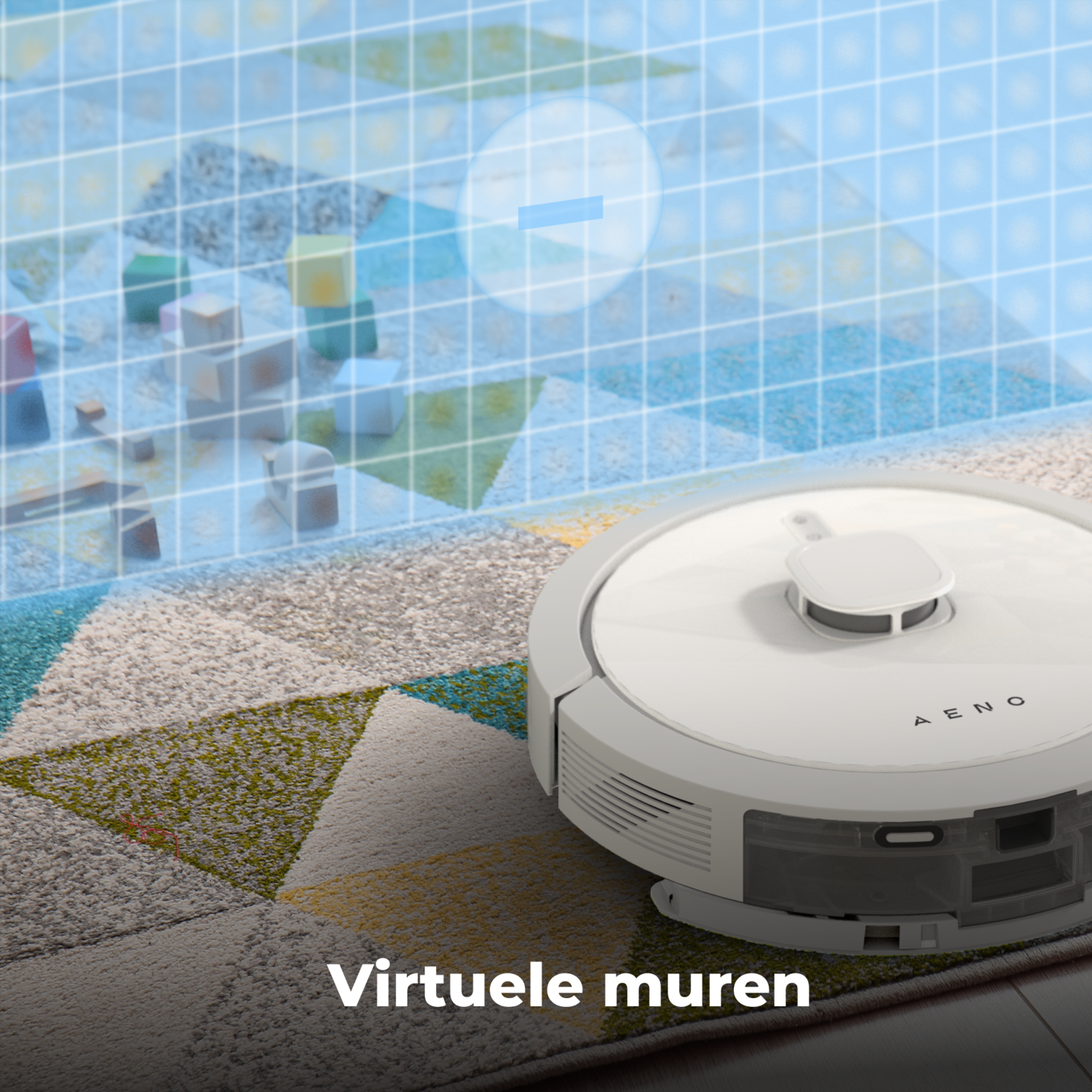 White robot vacuum cleaner on a patterned rug, with a grid overlay.