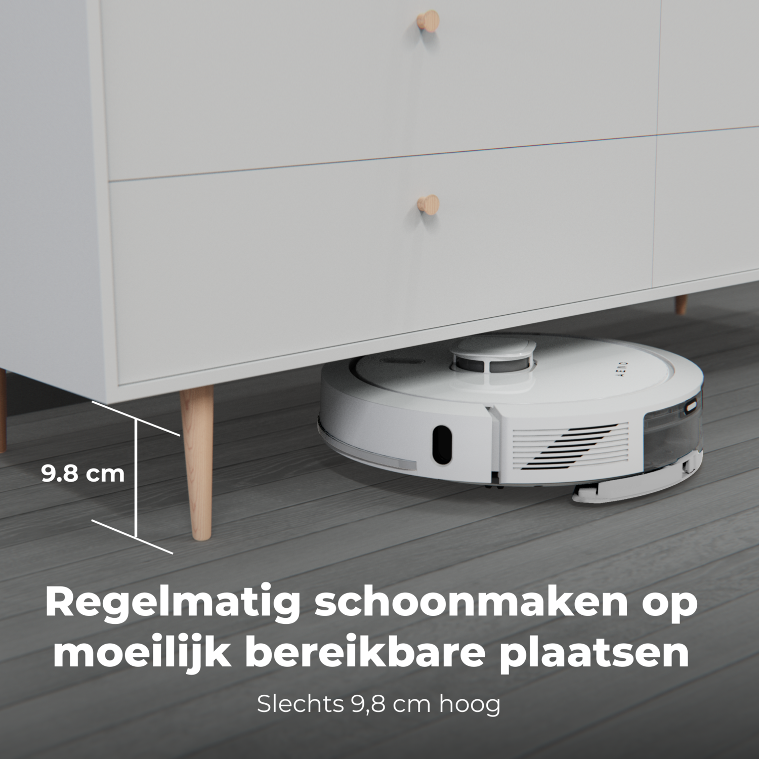 Robot vacuum cleaner under a cabinet, text indicating the height of 9.8 cm.