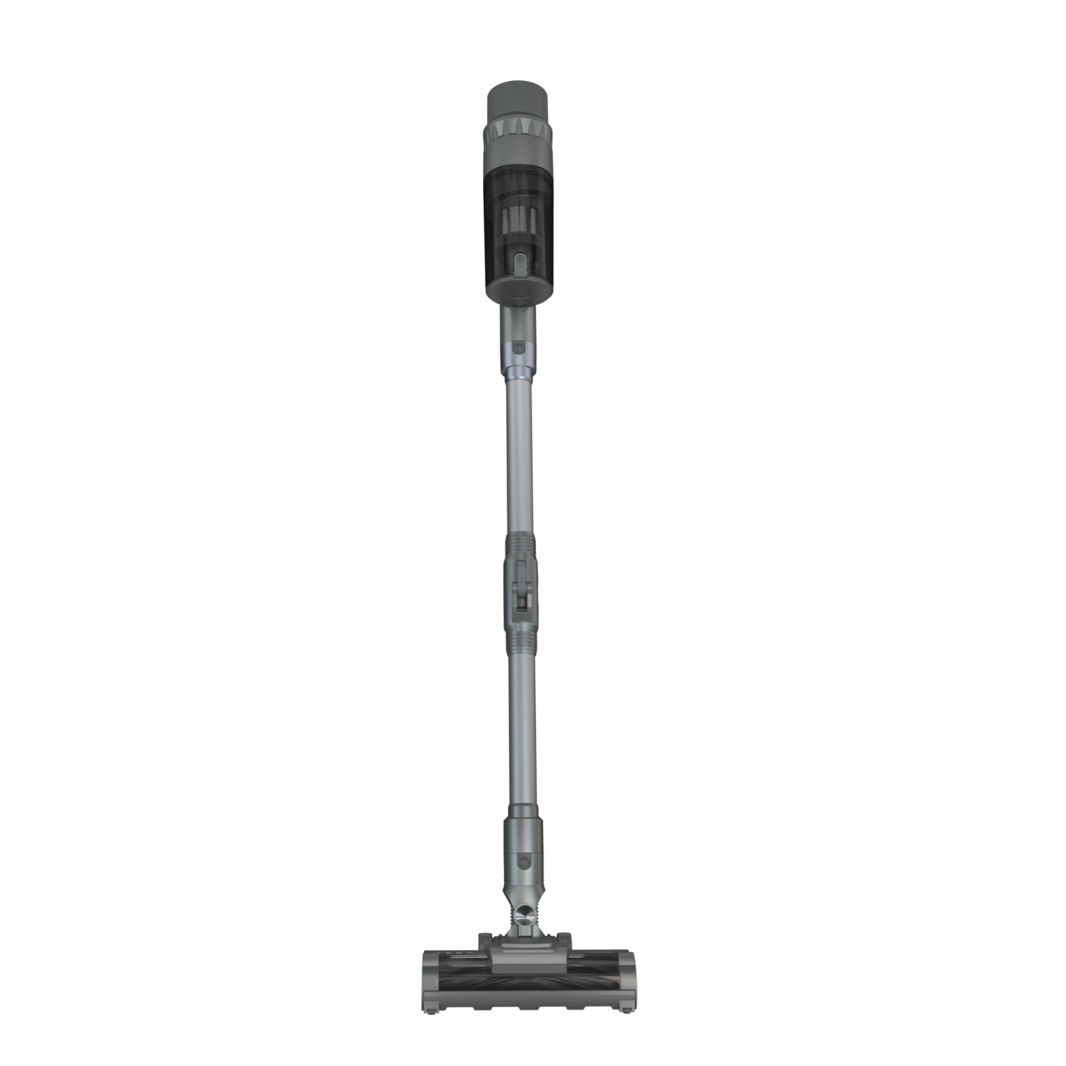 A silver and gray vacuum cleaner upright on a white background.