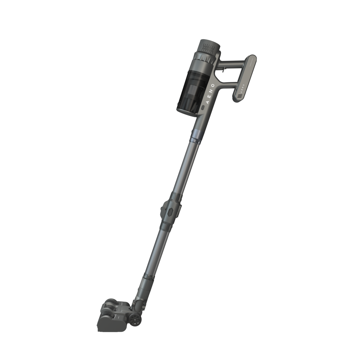 A stick vacuum cleaner, grey in color, isolated on a white background.