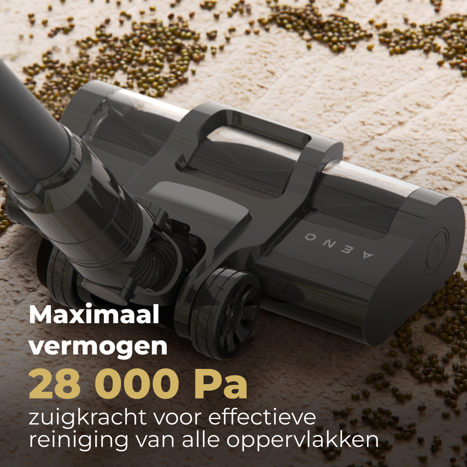 Close-up of a robot vacuum cleaner's brush cleaning a rug with green particles.