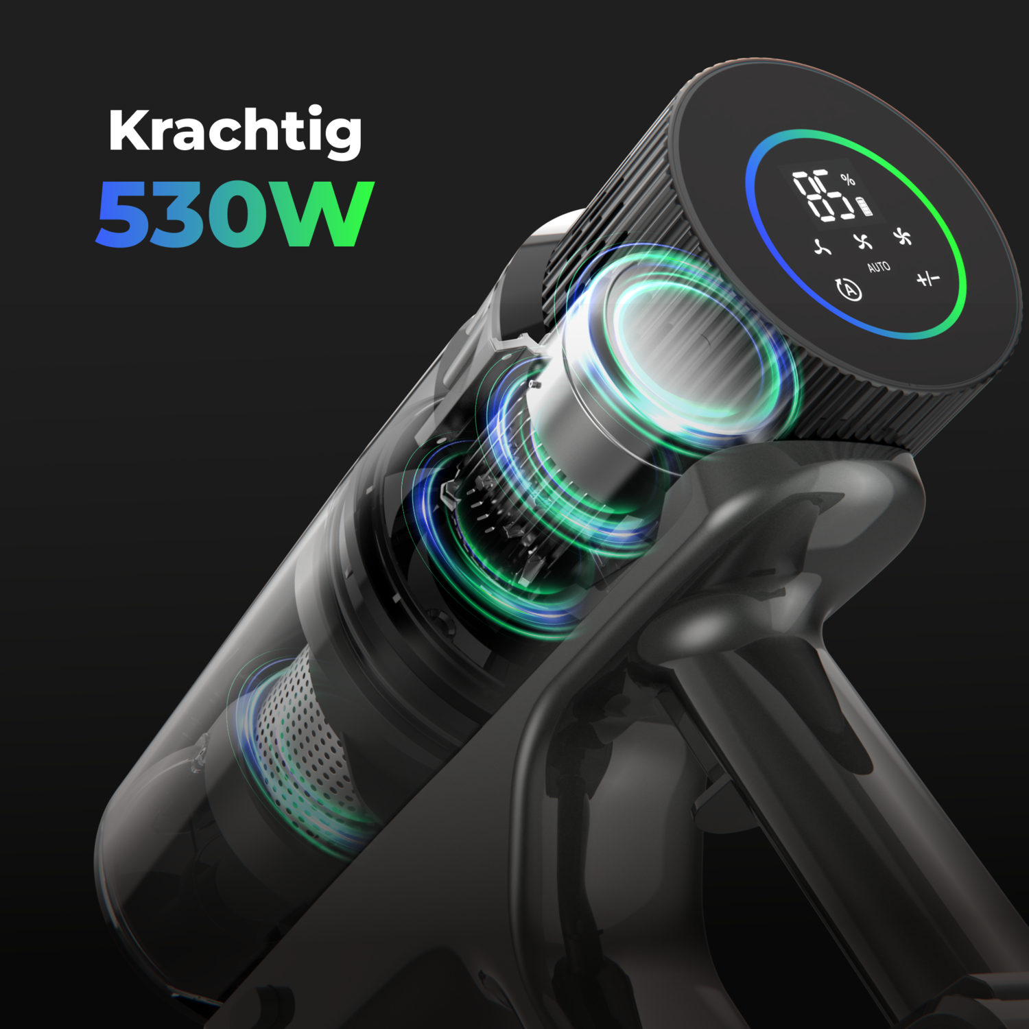 Vacuum cleaner. Transparent casing shows inner workings. Green and blue lighting accents.