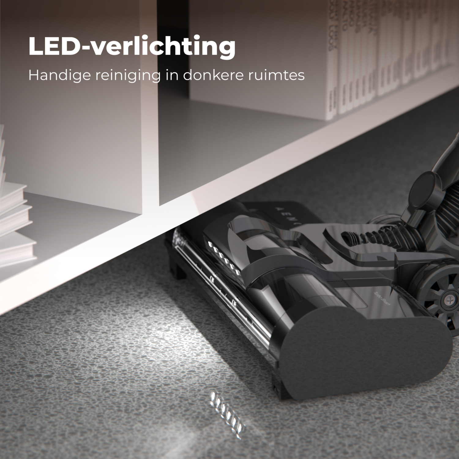 A vacuum cleaner head on a carpet, illuminated by LED lights.