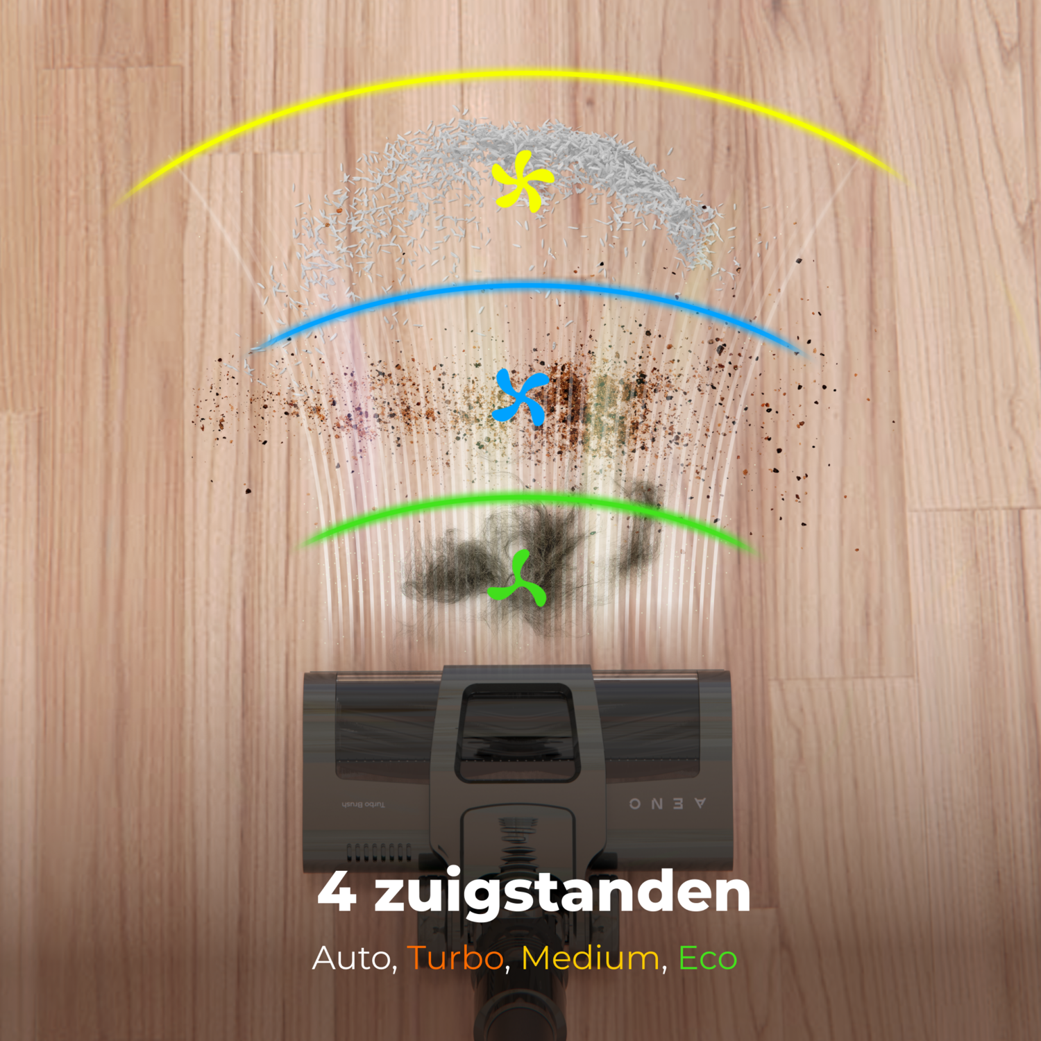 Vacuum cleaner head with 4 suction levels, showing dust and debris being collected.