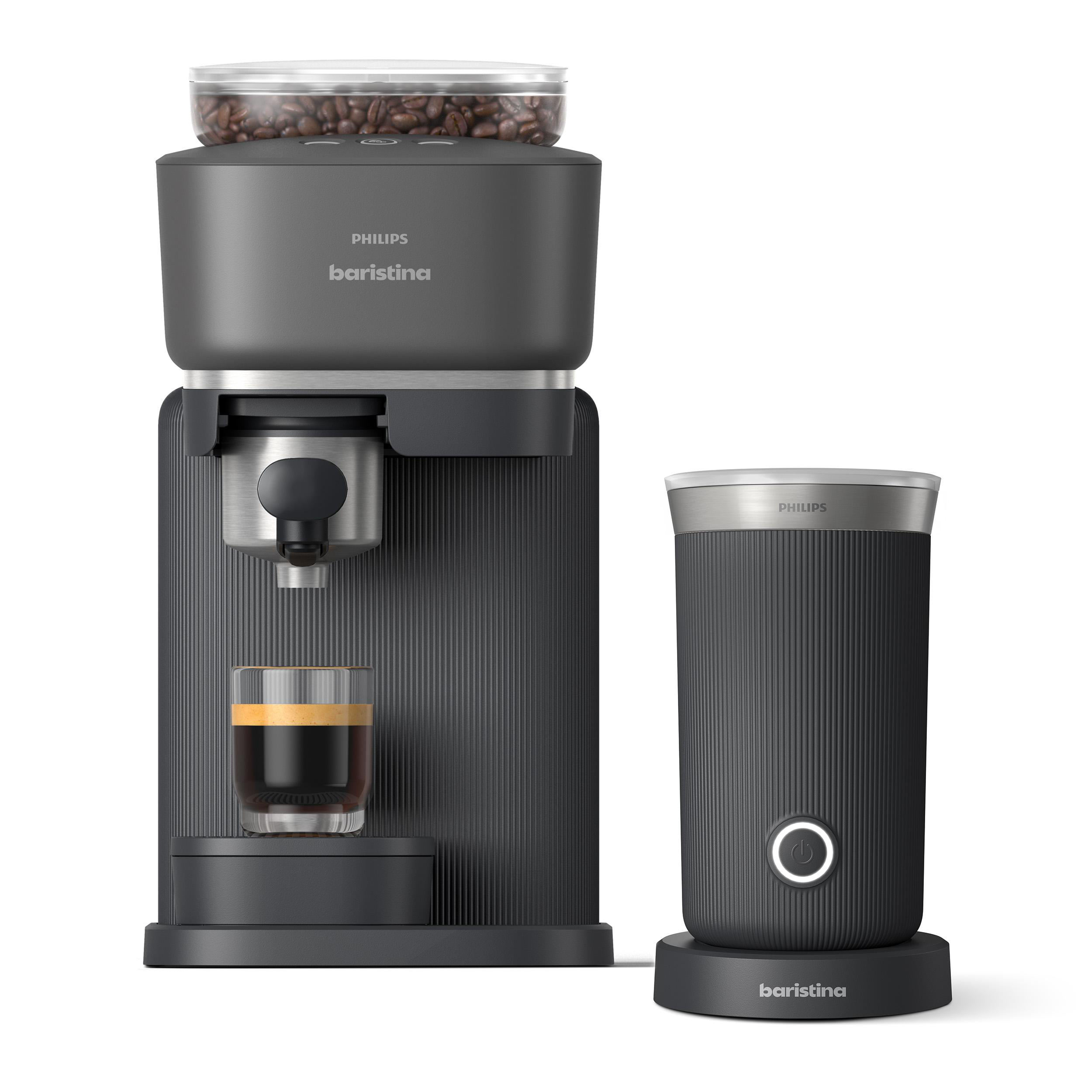 Dunkelgrauer Philips Barista Kaffeezubereiter mit Mahlwerk und Milchaufschäumer.
