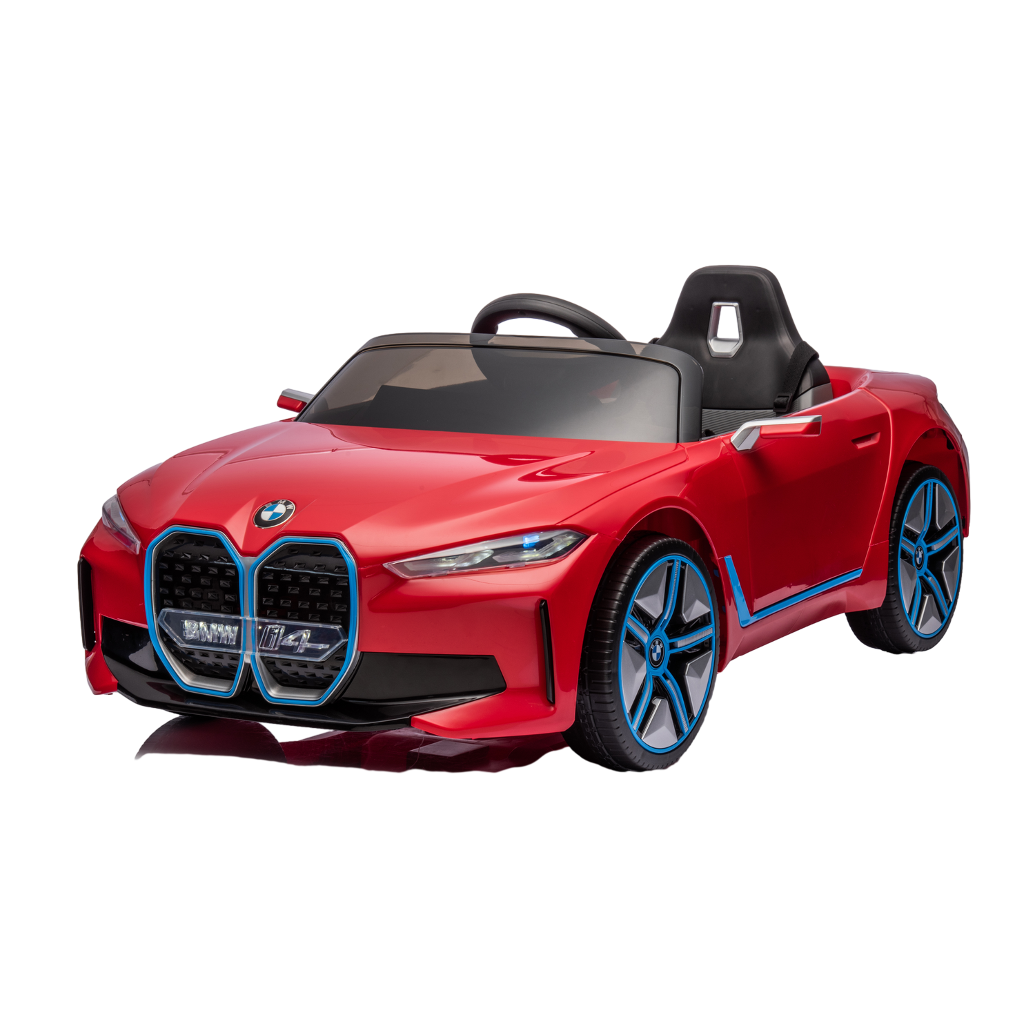 Une voiture jouet BMW i4 rouge avec des accents bleus, intérieur noir et fond noir.