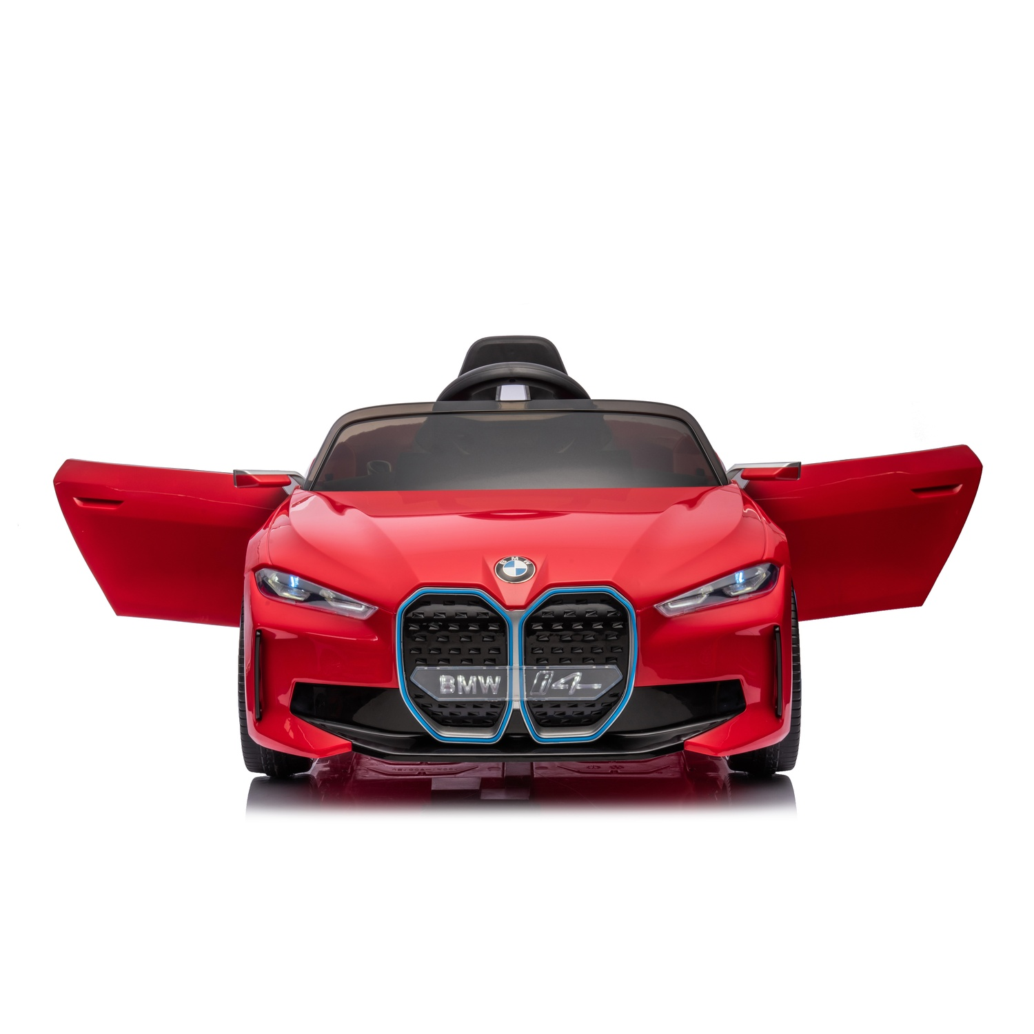 Voiture jouet rouge avec portes ouvertes, siège noir et logo BMW à l'avant. Sur fond blanc.