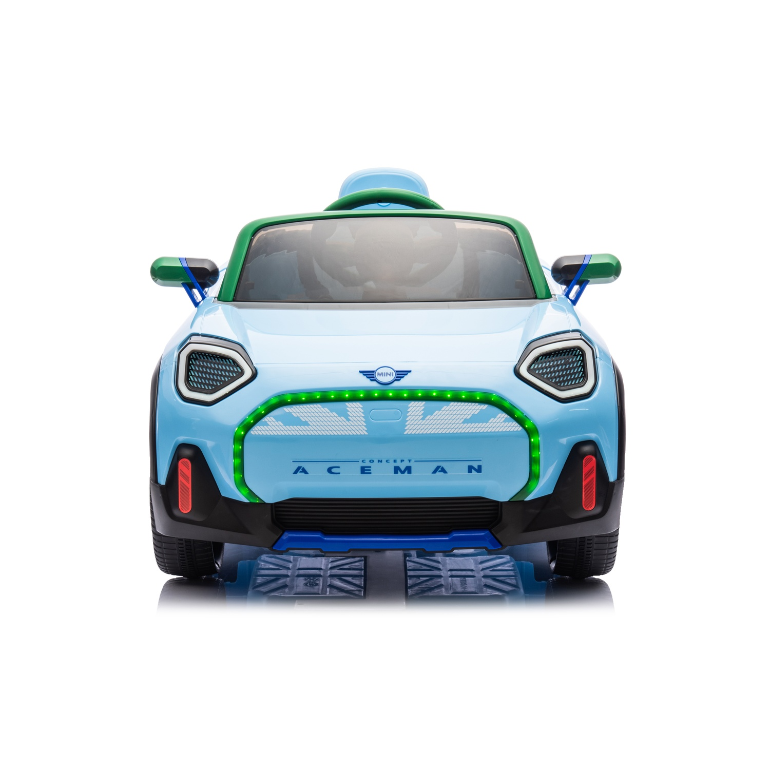 Blue toy car with green and blue accents, white background.