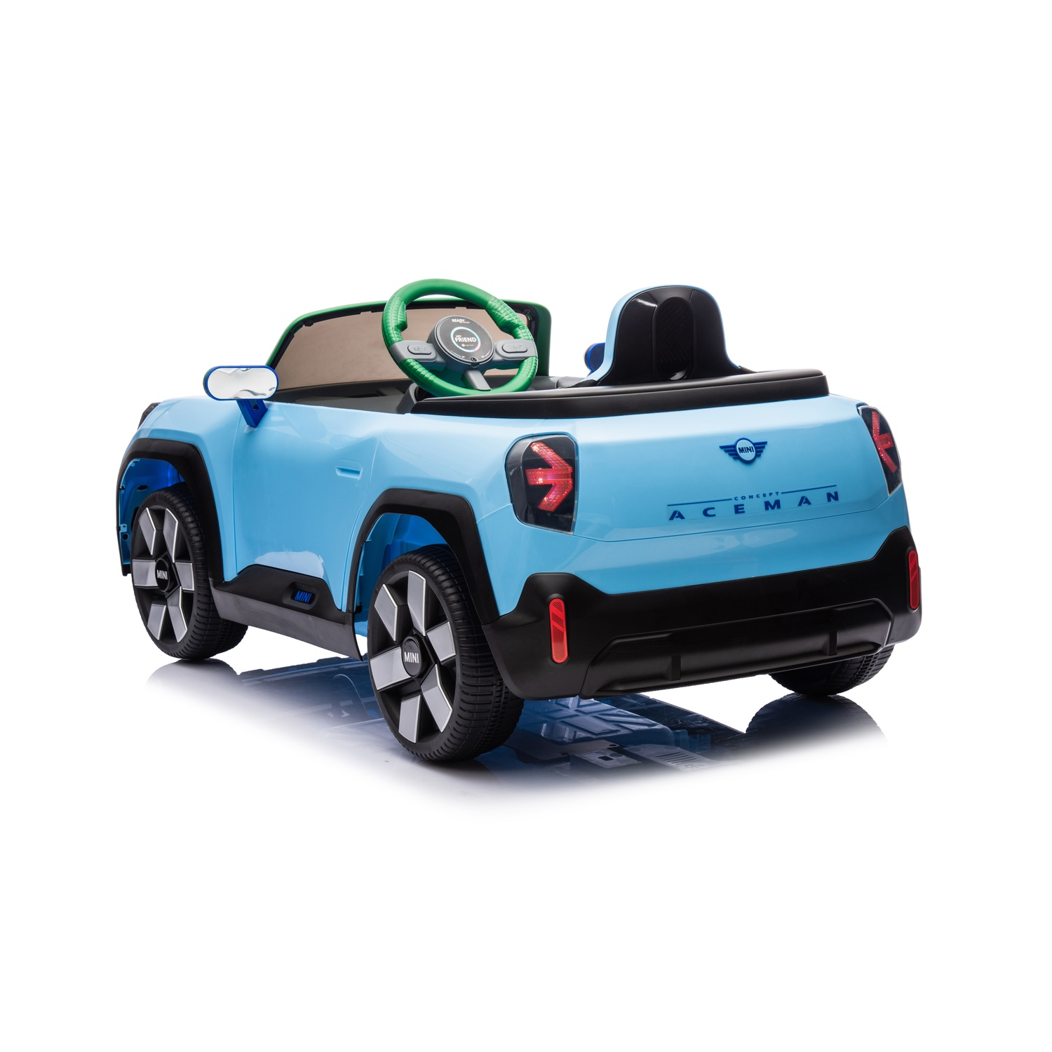 Blue toy car with green steering wheel. White background.