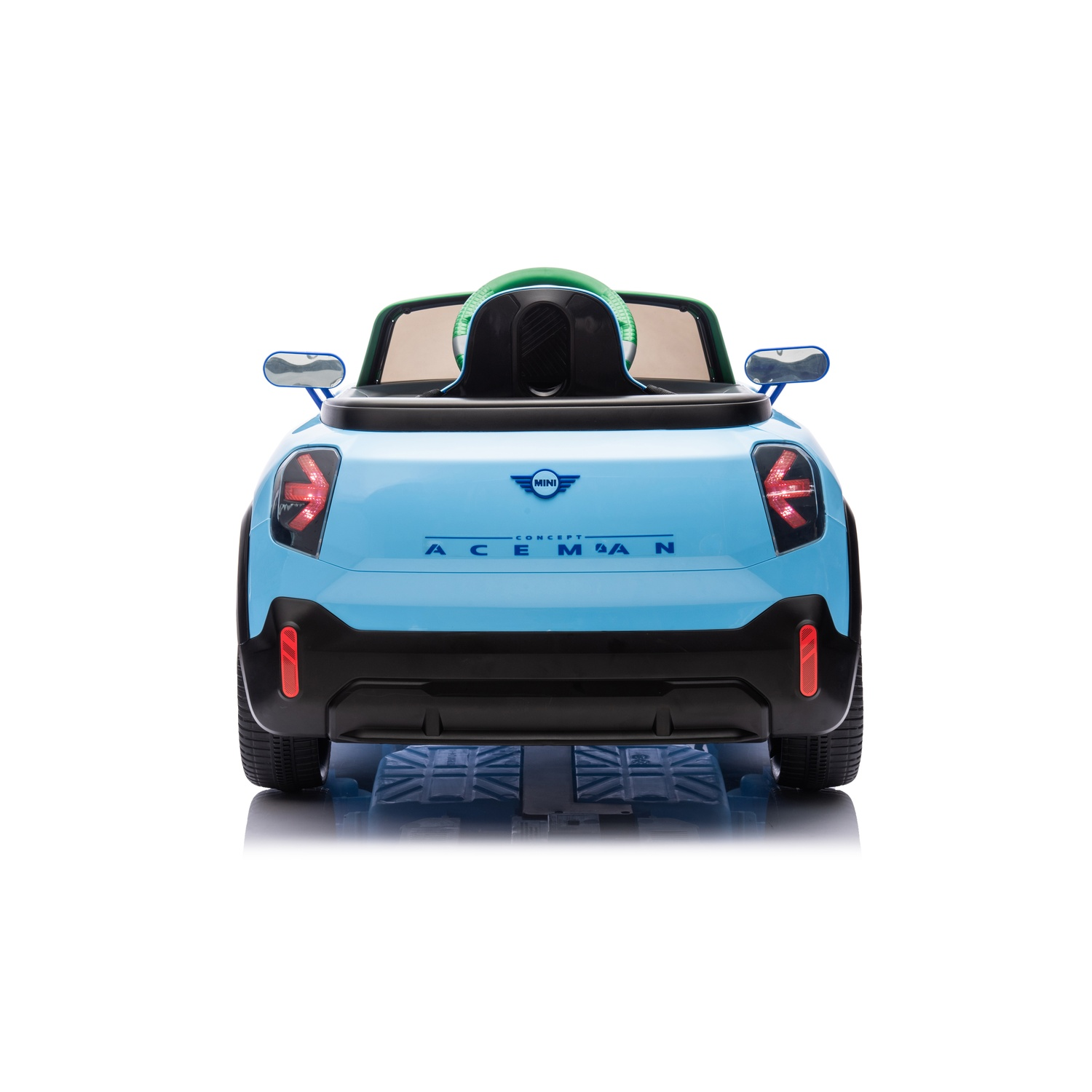 Rear view of blue toy Mini car. The car has a green windshield.
