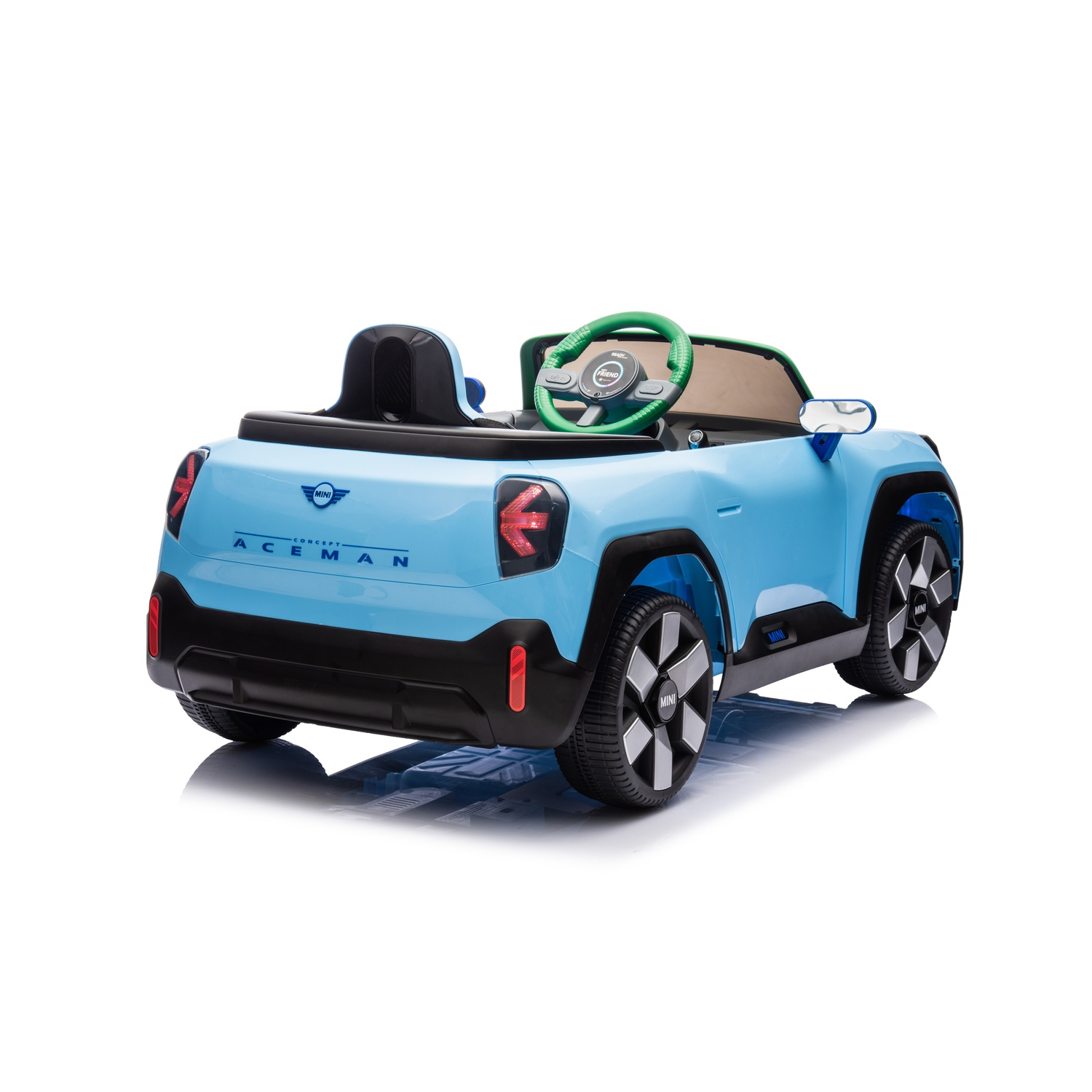 Light blue toy car with black and white wheels. Green steering wheel.