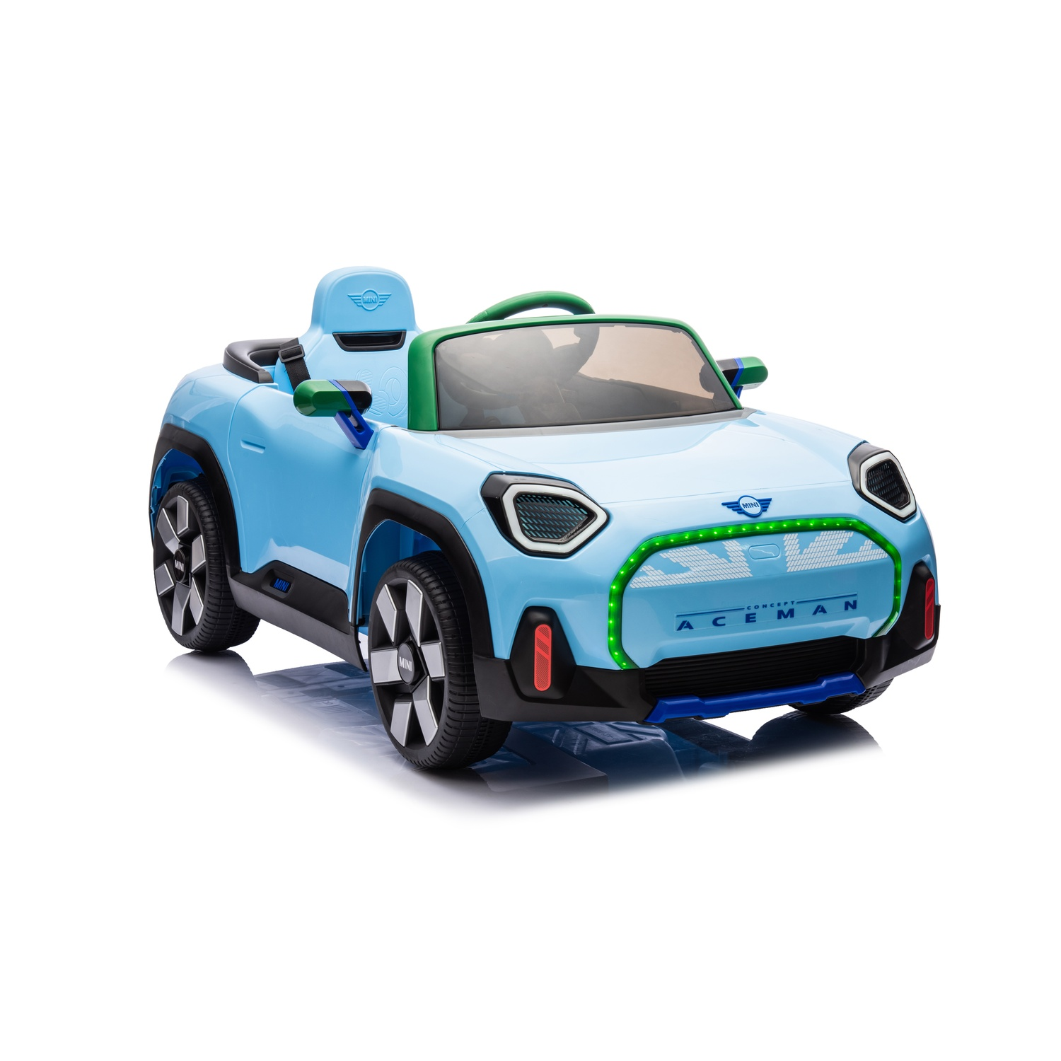 Blue toy car, a Mini Cooper, on a white background.