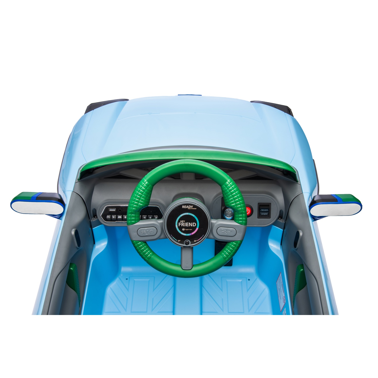 Blue toy car interior with green steering wheel, white background.