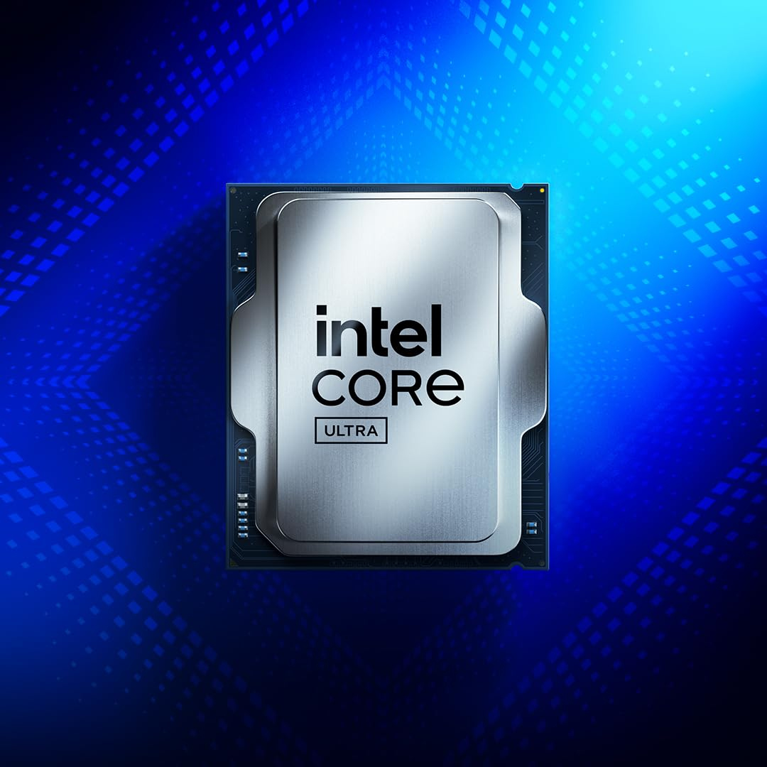 Mavi degrade arka plan üzerinde kare tasarımlı Intel Core Ultra işlemcisinin üstten görünümü.
