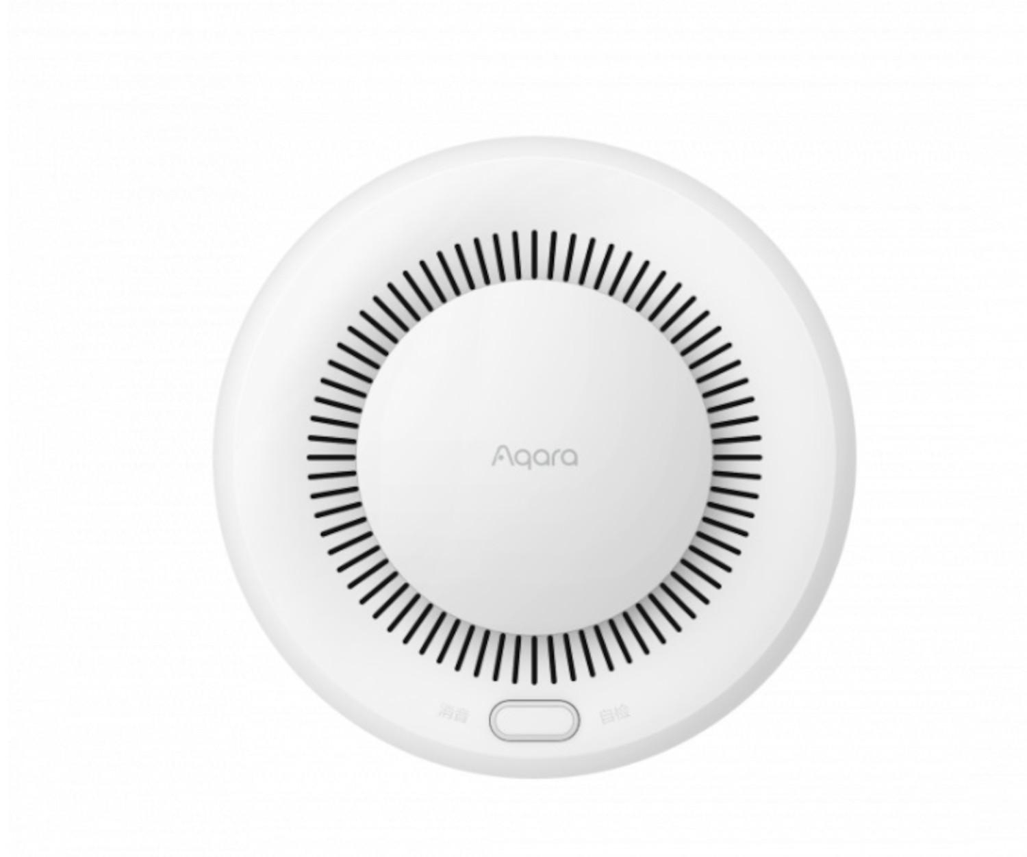 Weißes Aqara Smart-Home-Gerät. Es hat ein kreisförmiges Design mit mehreren Lüftungslöchern.